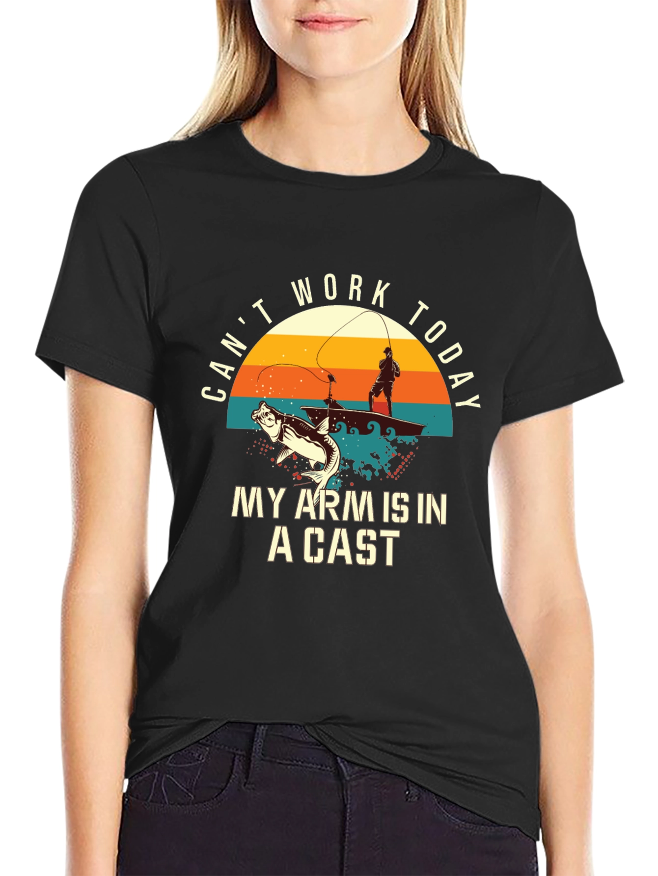 Black Fishing T-Shirt: Can't Work Today - My Arm Is In A Cast view 2