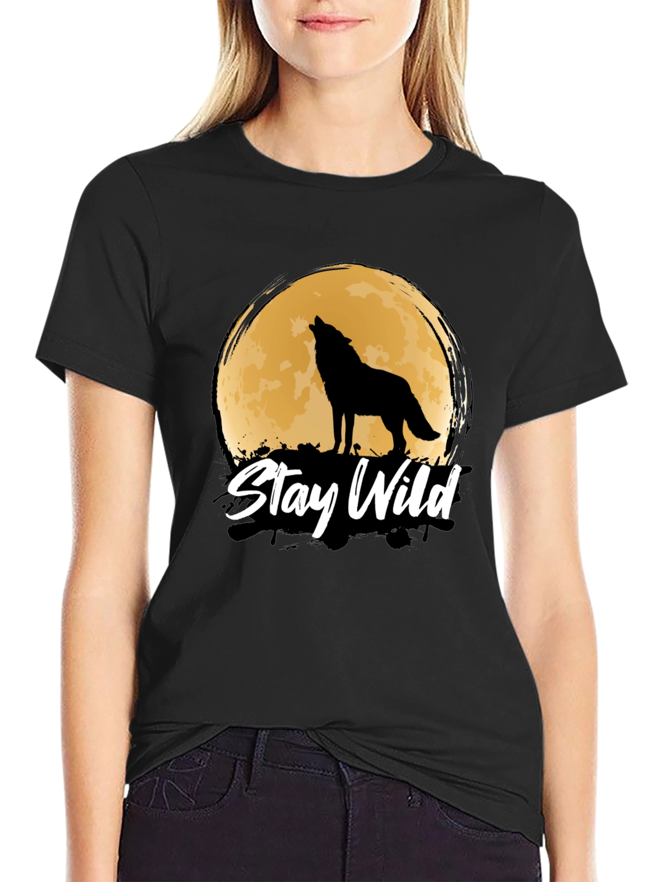 Black Stay Wild Wolf Moon Graphic Tee view 2