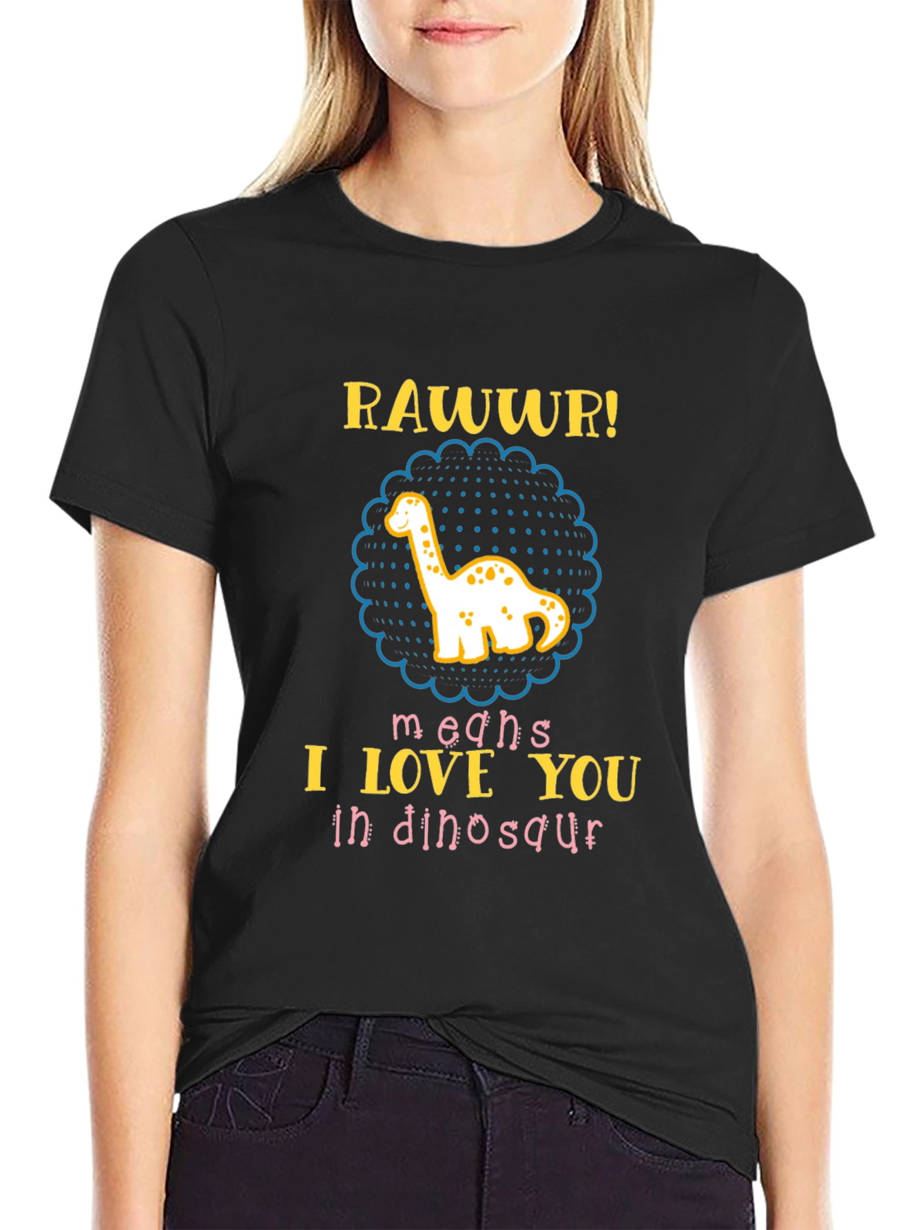 Black RAWR! Dinosaur I Love You Men's Black T-Shirt view 2