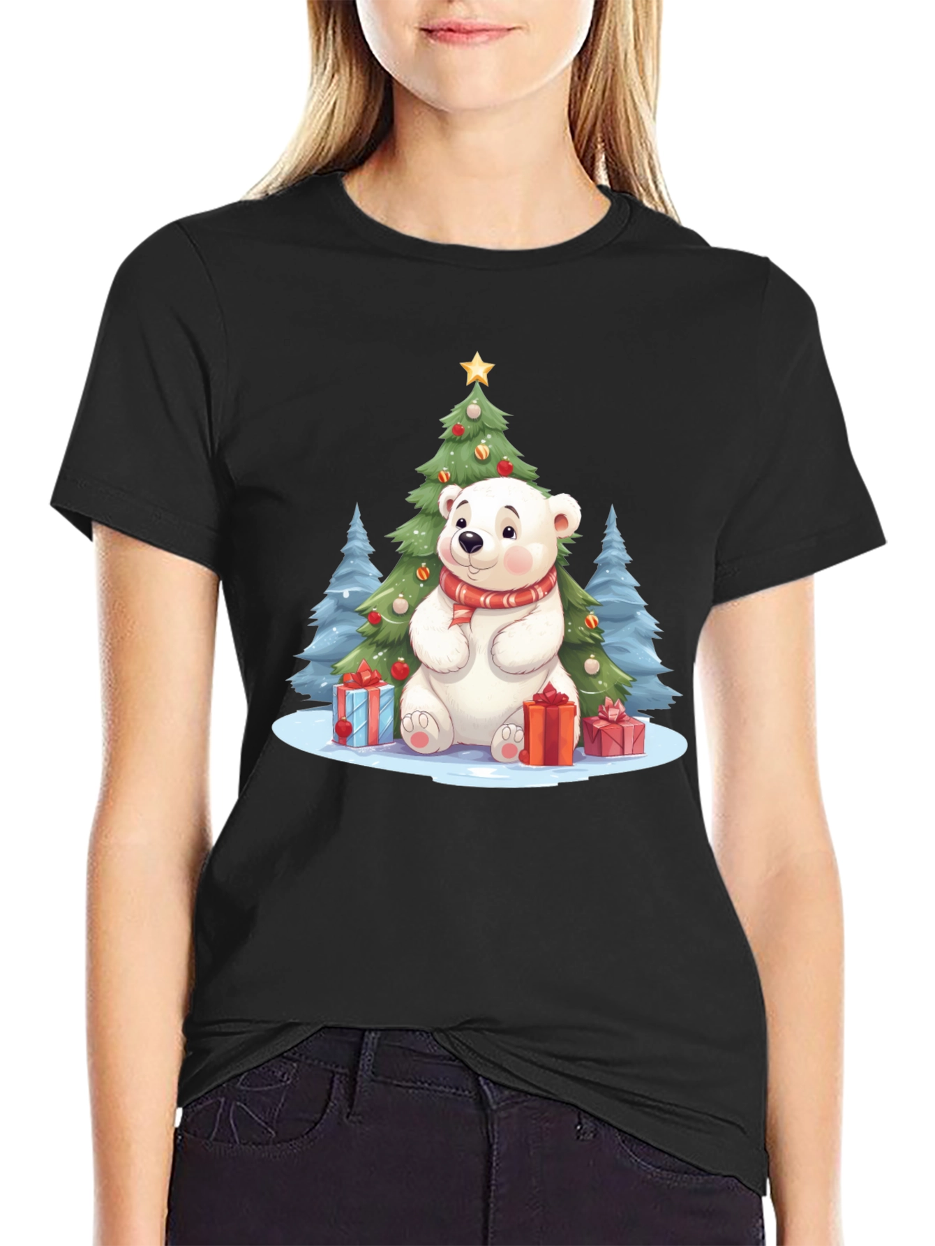 Black Festive Polar Bear Christmas T-Shirt view 2