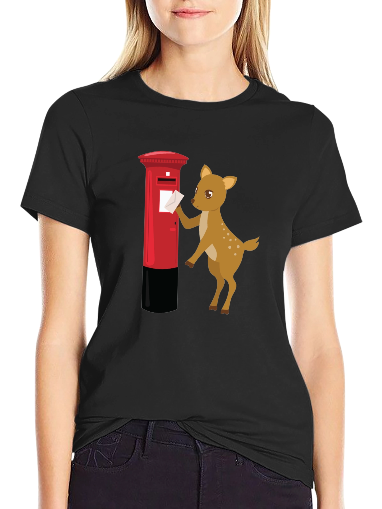 Black Cartoon Deer Posting Letter T-Shirt view 2