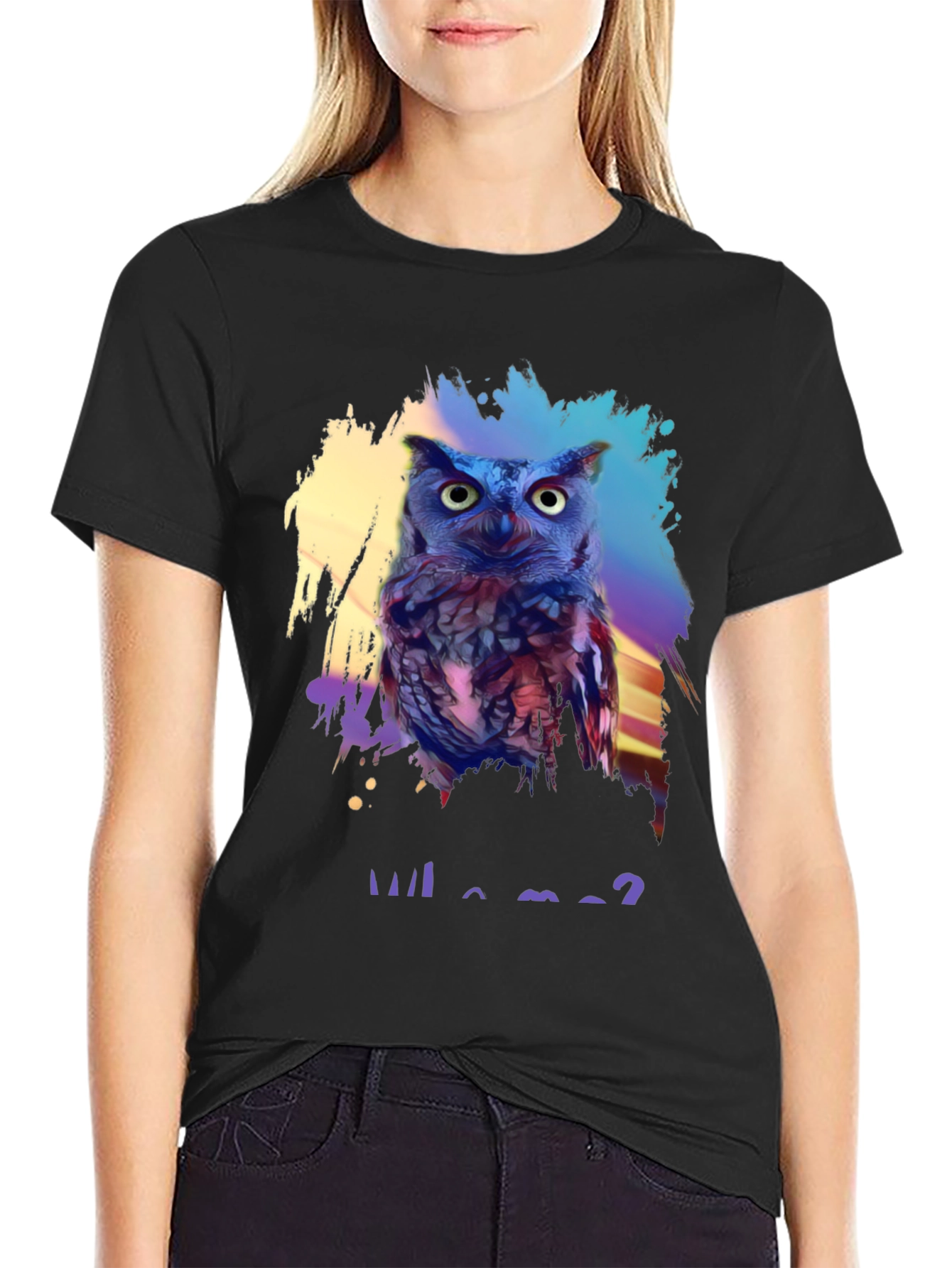 Black Who Me? Owl Graphic Print Black T-Shirt view 2