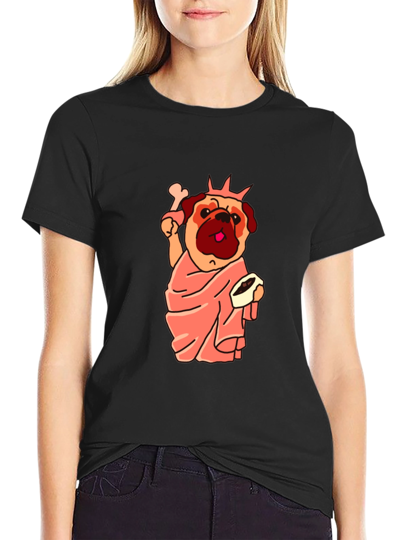 Black Statue of Liberty Pug Graphic Tee view 2