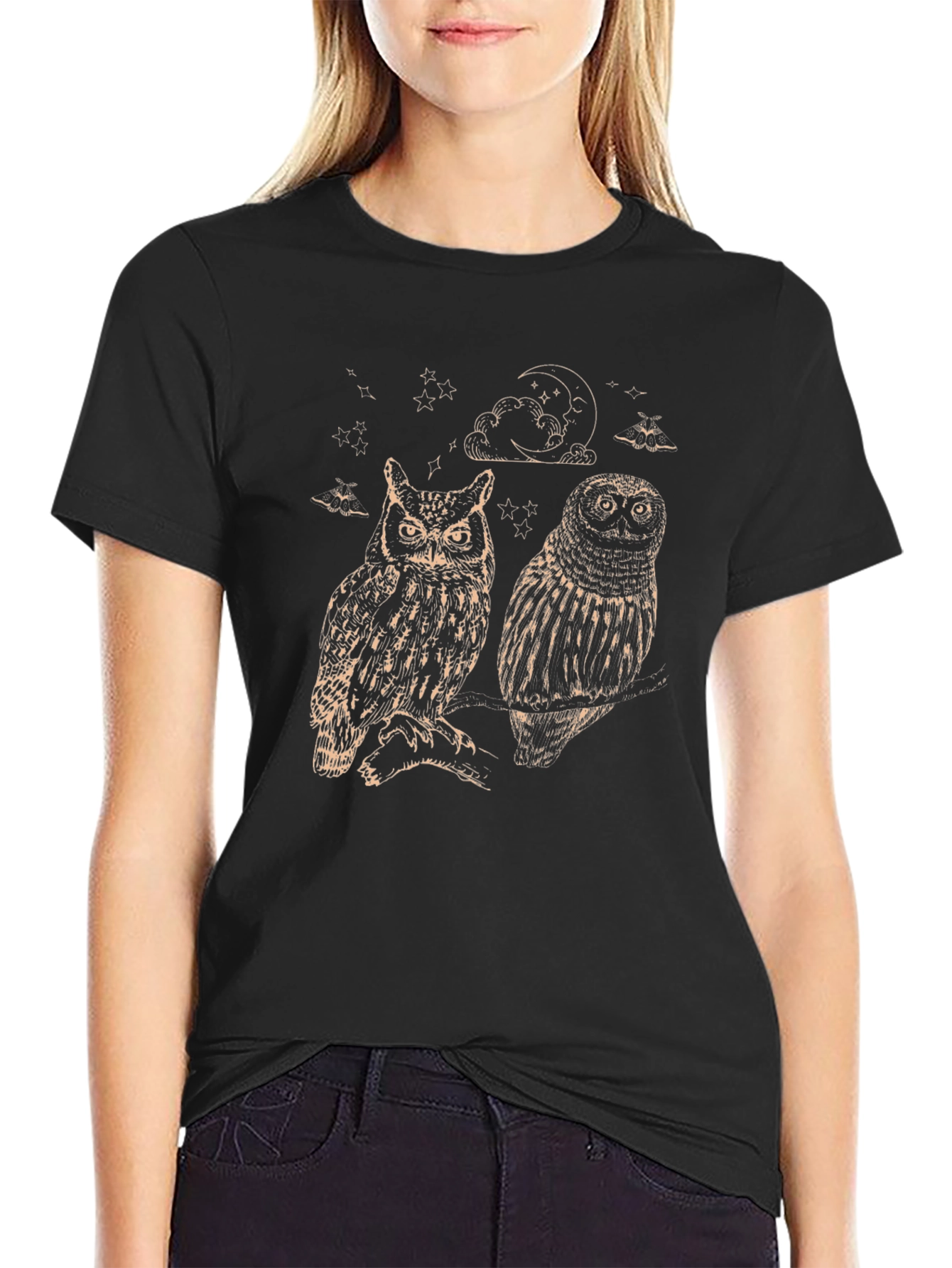 Black Two Owls Graphic Print Black T-Shirt view 2