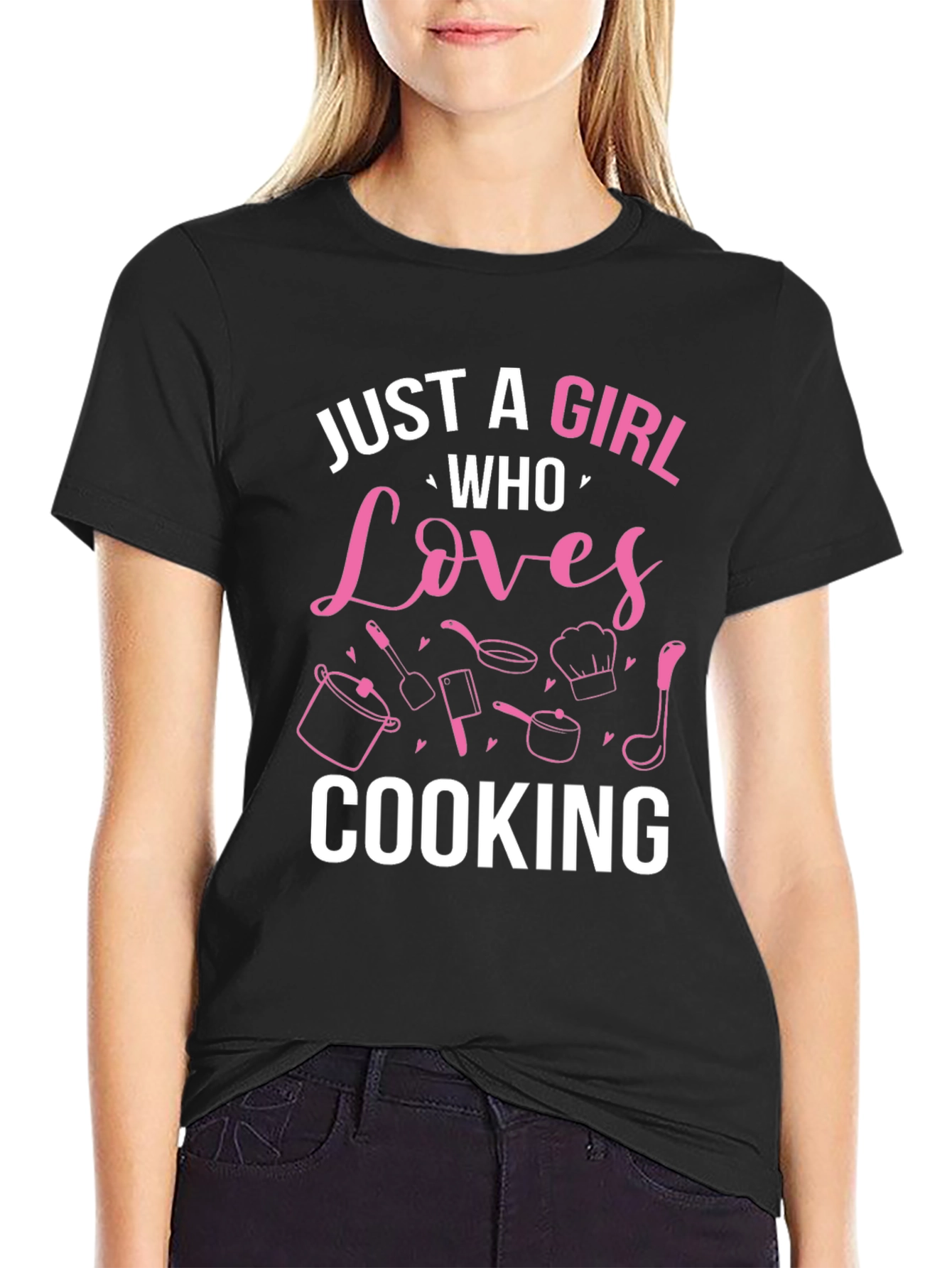 Black Just A Girl Who Loves Cooking - Funny T-Shirt view 2