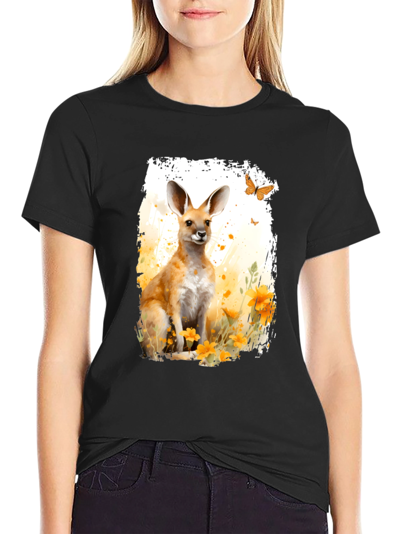 Black Kangaroo Watercolor Graphic Tee view 2