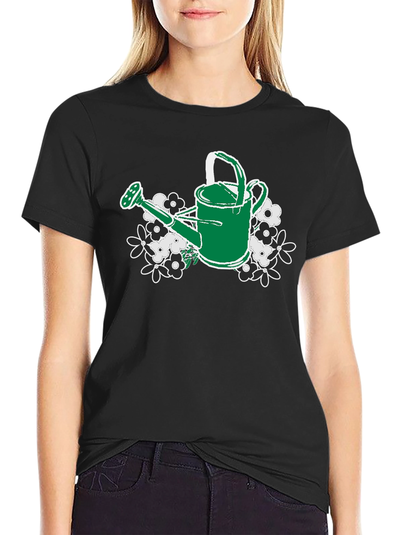 Black Gardening Watering Can T-Shirt - Floral Design view 2