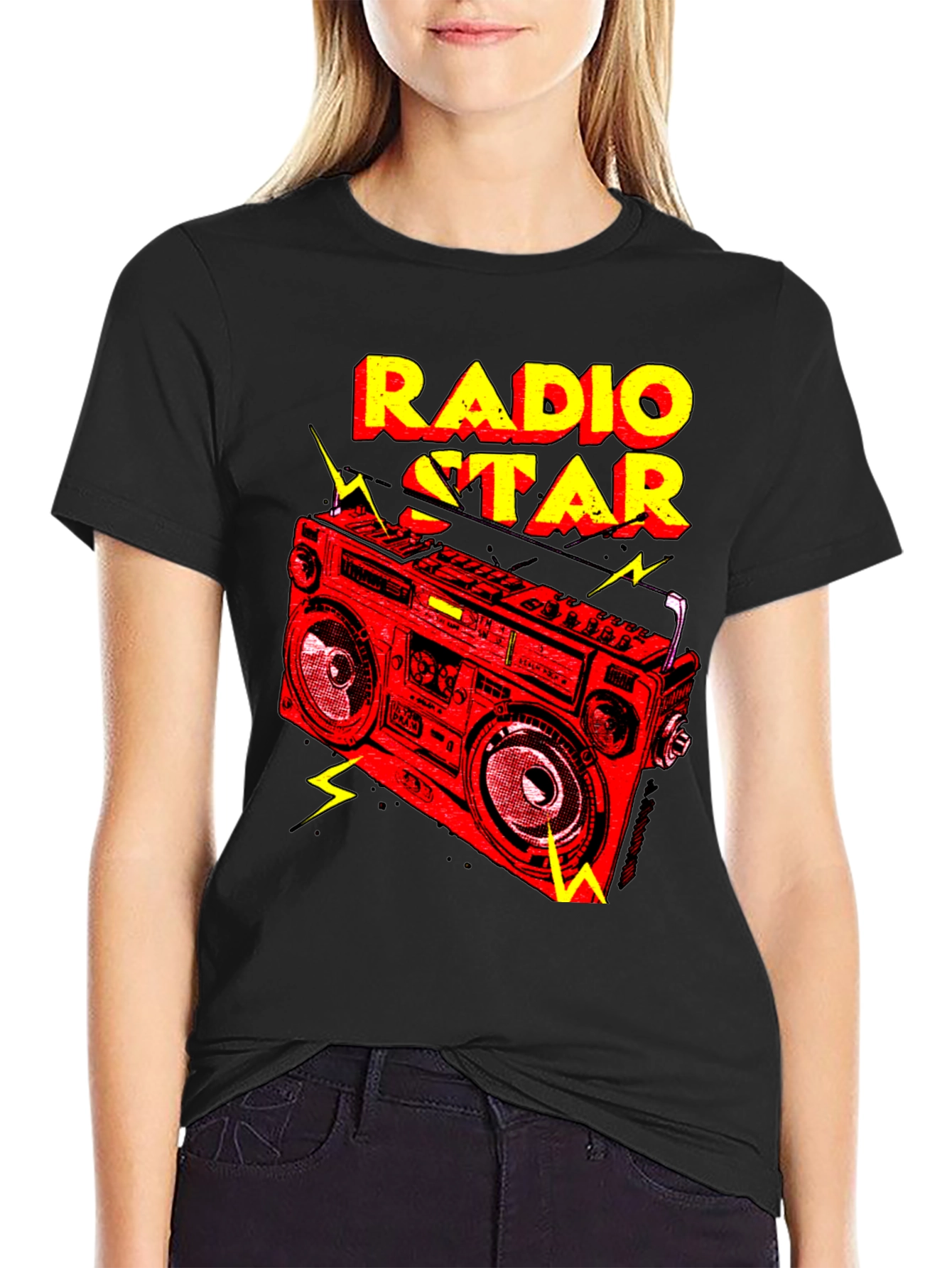Black Radio Star Graphic Tee - Retro Boombox Design view 2
