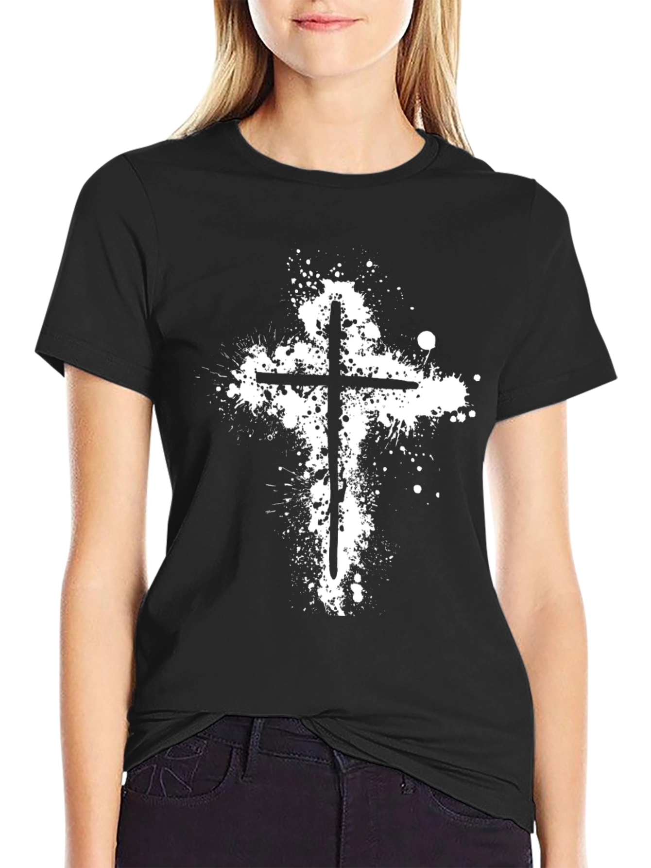 Black Grunge Cross T-Shirt - Black Cotton Blend view 2
