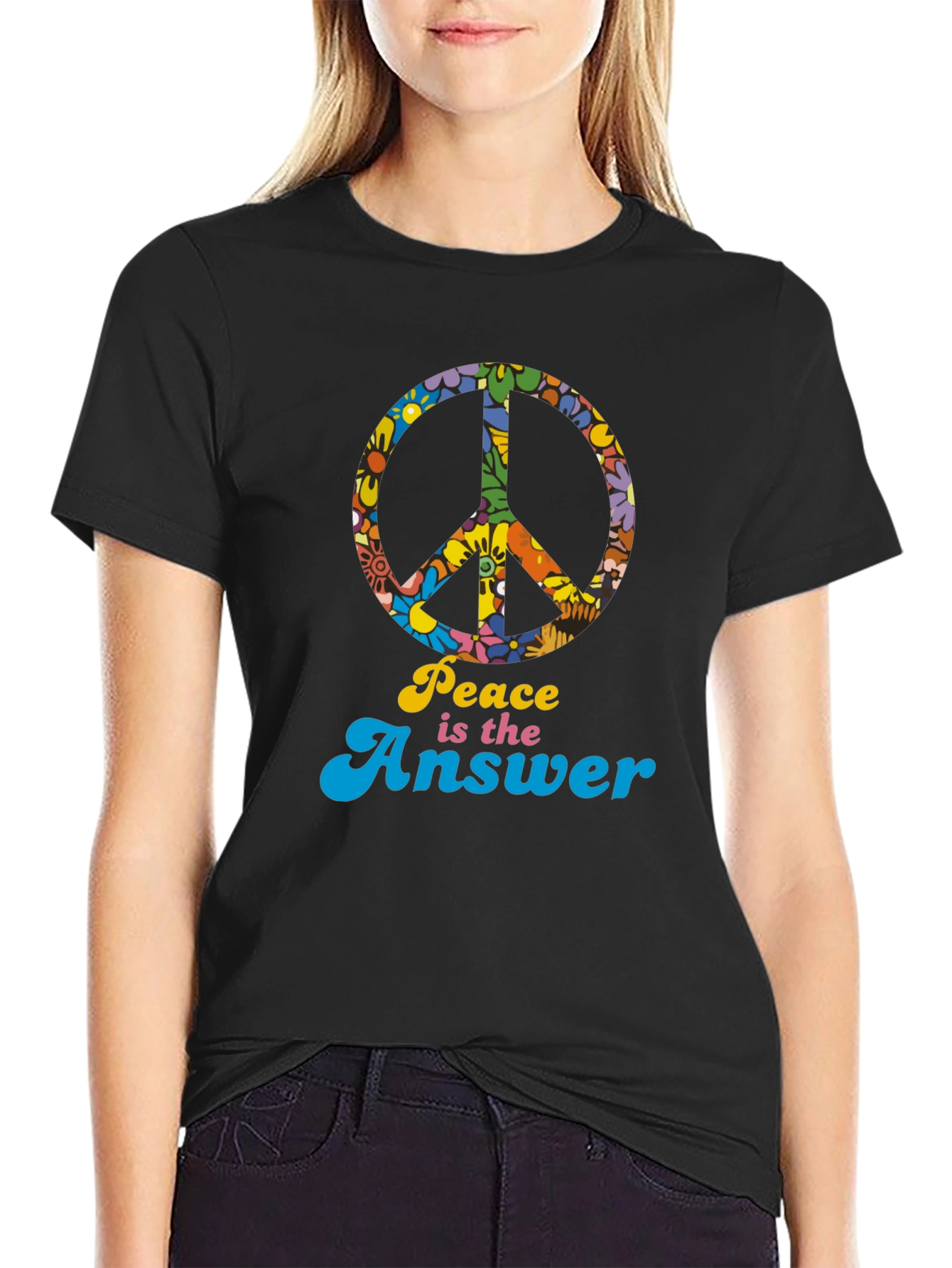 Black Retro "Peace is the Answer" Graphic T-Shirt view 2