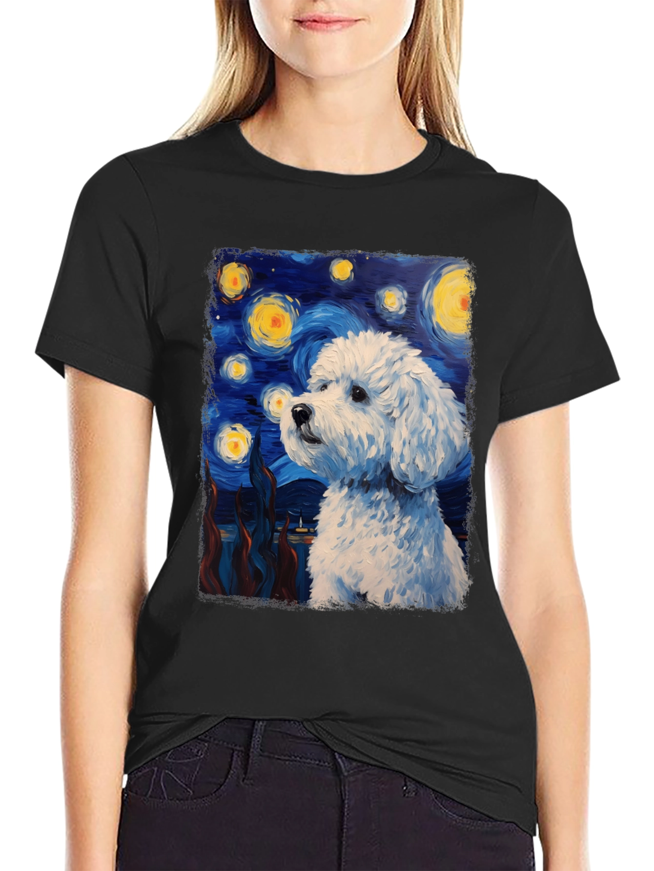 Black Starry Dog Art T-Shirt view 2