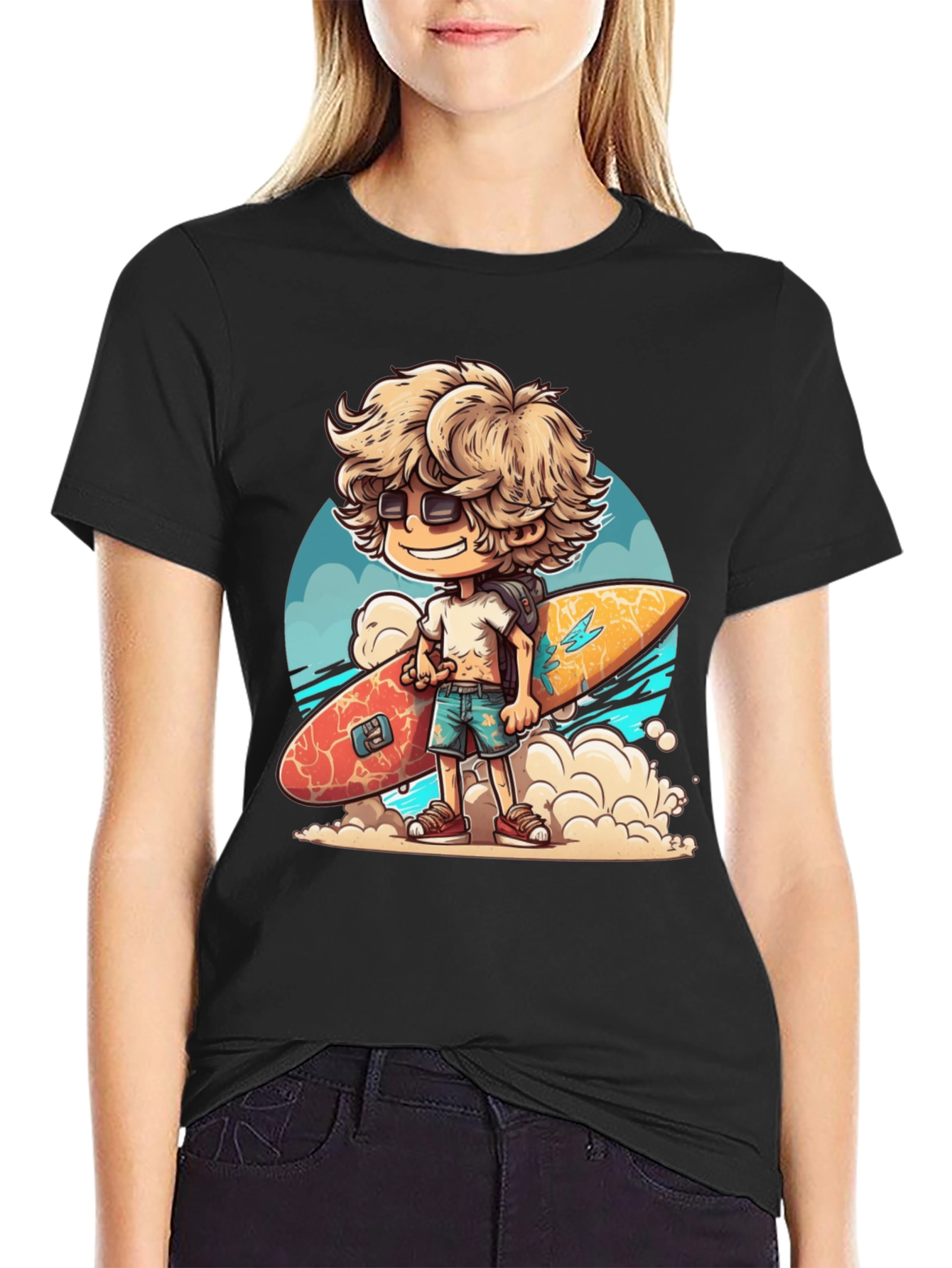 Black Surfer Dude Cartoon Graphic T-Shirt view 2