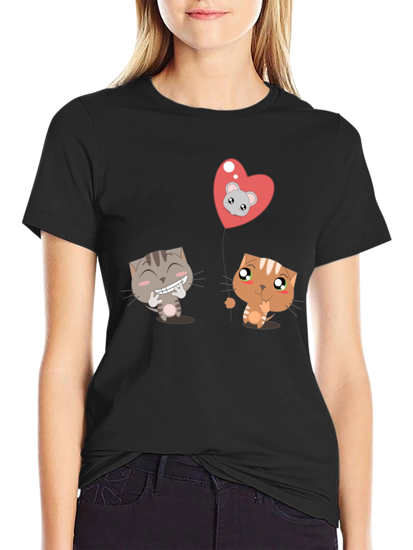 Black Cute Cartoon Cats T-Shirt - Unisex Black Tee view 2