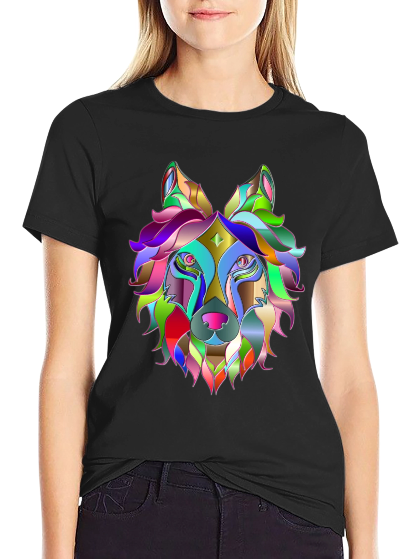 Black Colorful Geometric Wolf Graphic Tee - Unique Design view 2