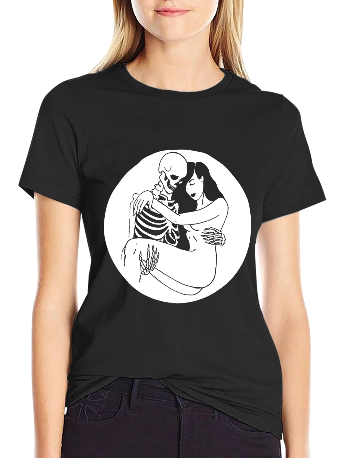 Black Embrace the Afterlife: Skeleton & Woman Graphic Tee view 2