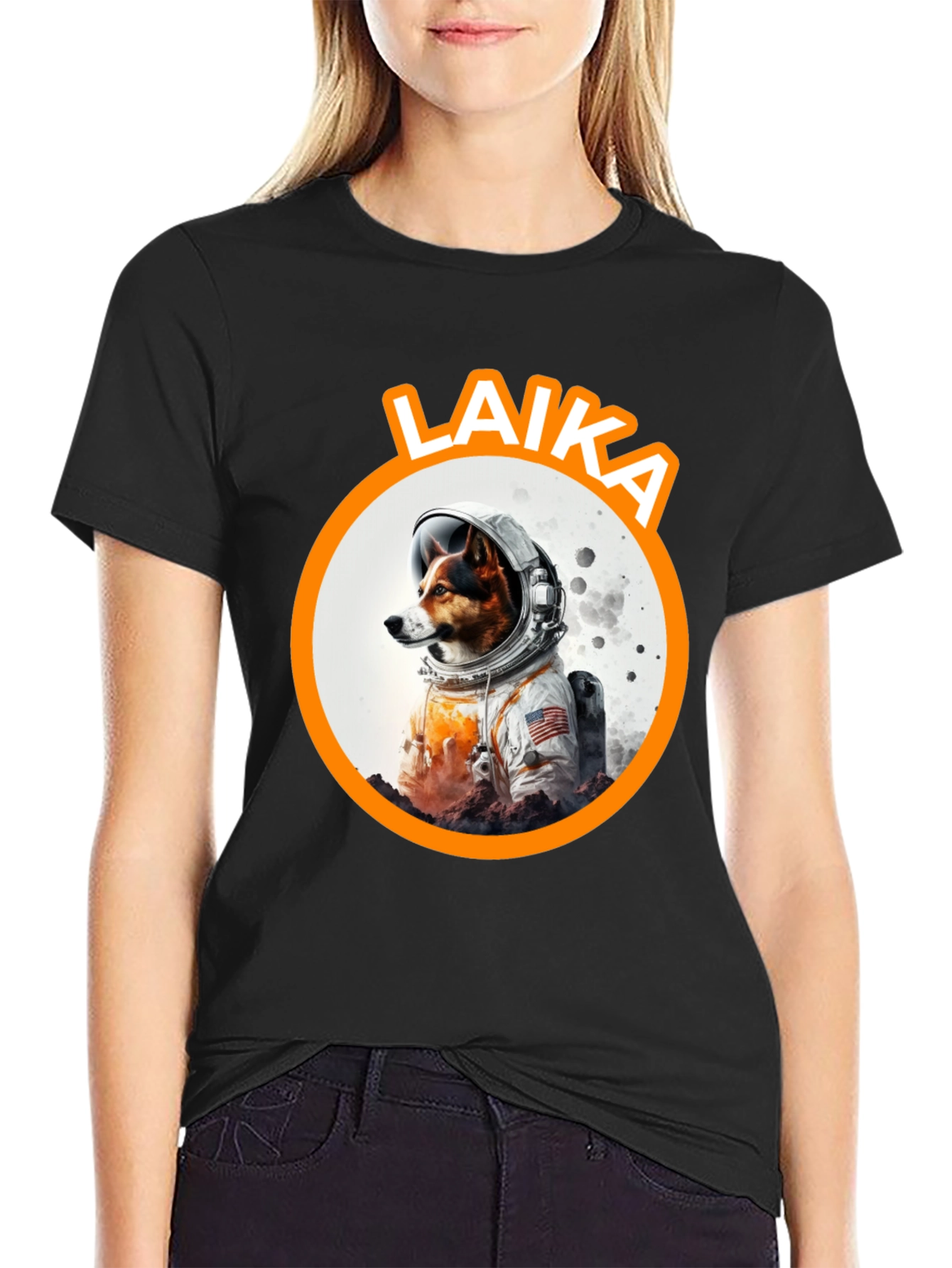 Black Laika Dog Astronaut Black T-Shirt view 2
