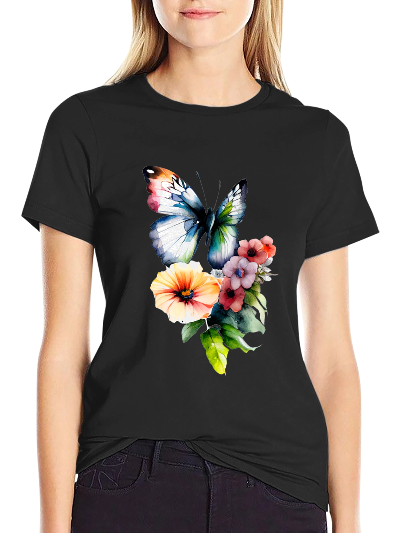 Black Butterfly & Floral Print T-Shirt view 2