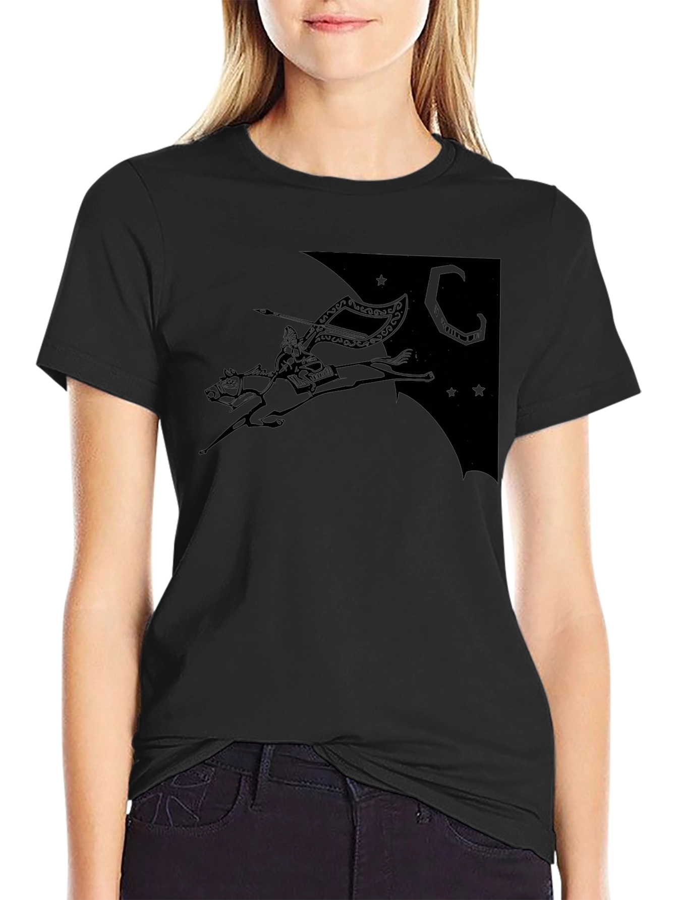 Black Black T-Shirt with Horse Rider Print view 2