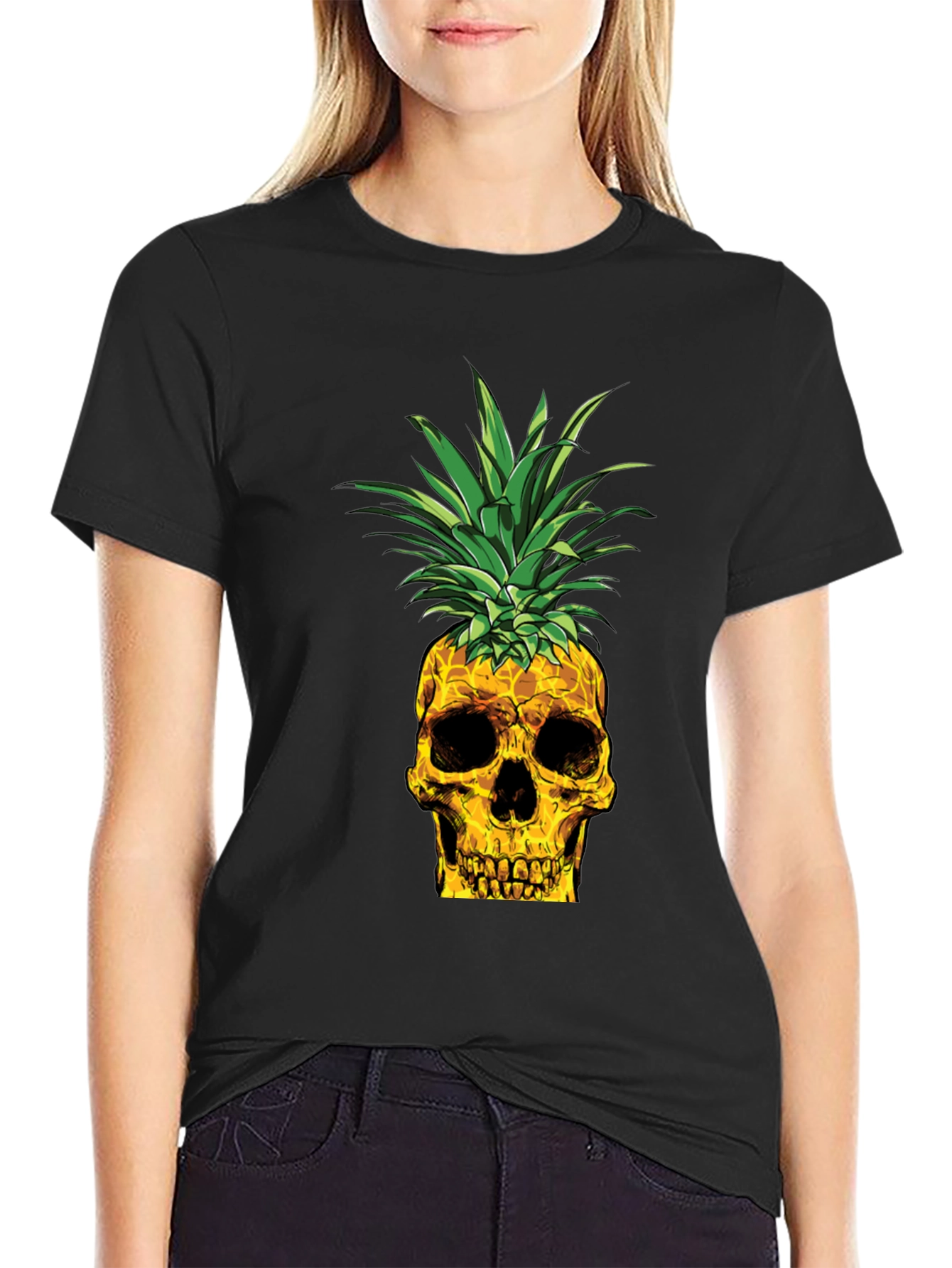 Black Skull Pineapple Graphic Tee - Black Cotton T-Shirt view 2