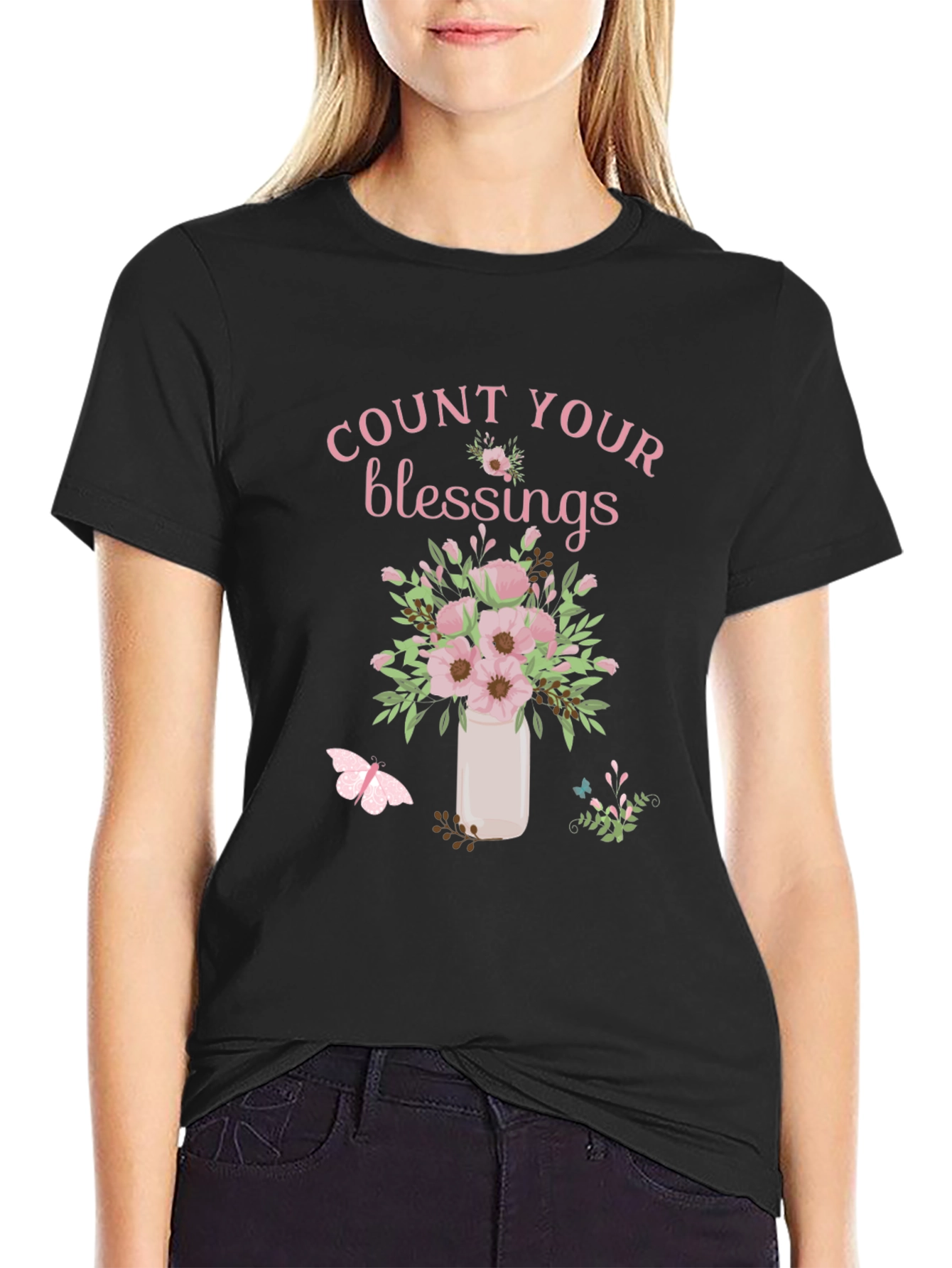 Black Count Your Blessings Floral Graphic T-Shirt view 2