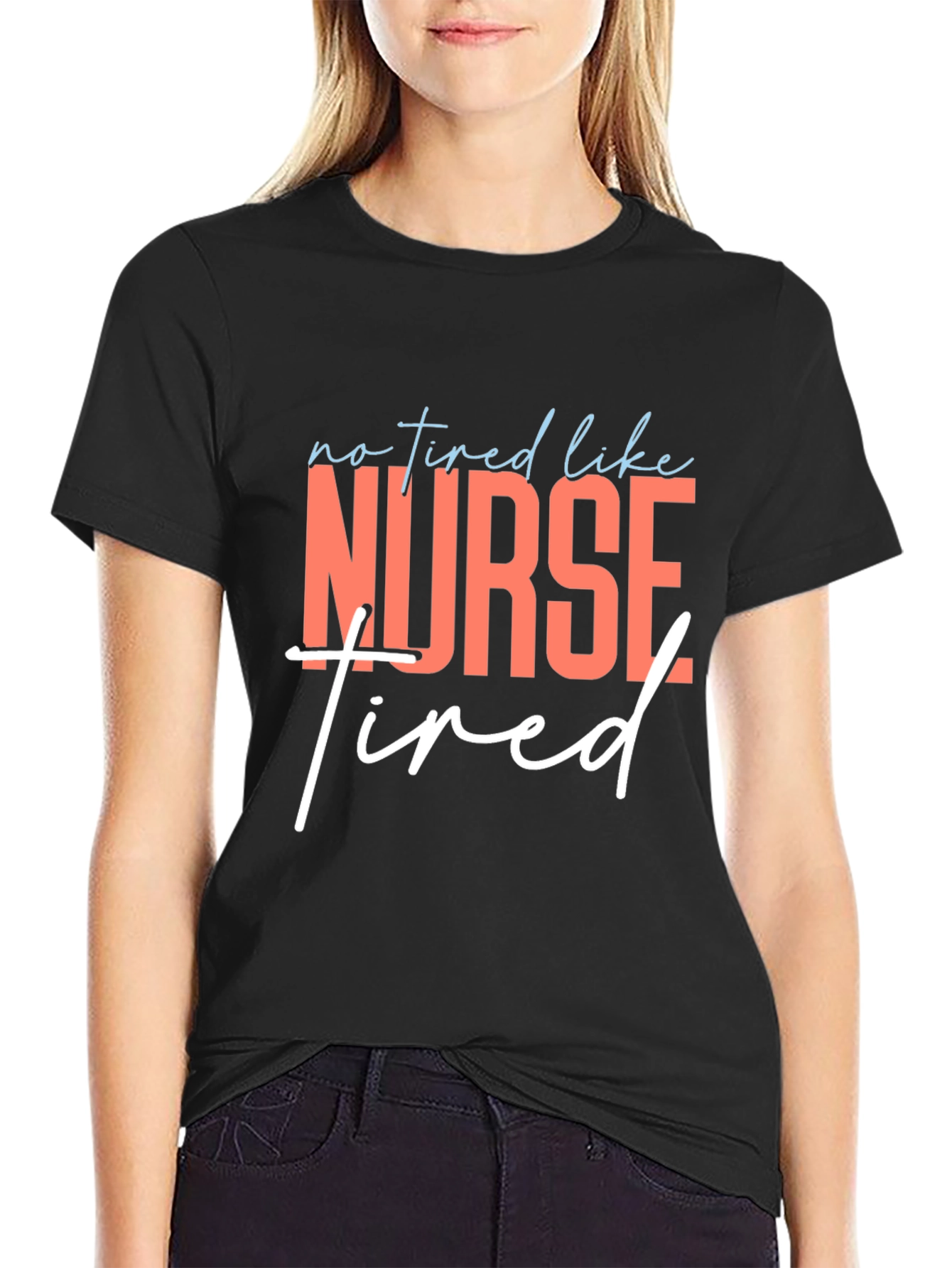 Black Nurse Tired Graphic Tee - Black Cotton T-Shirt view 2