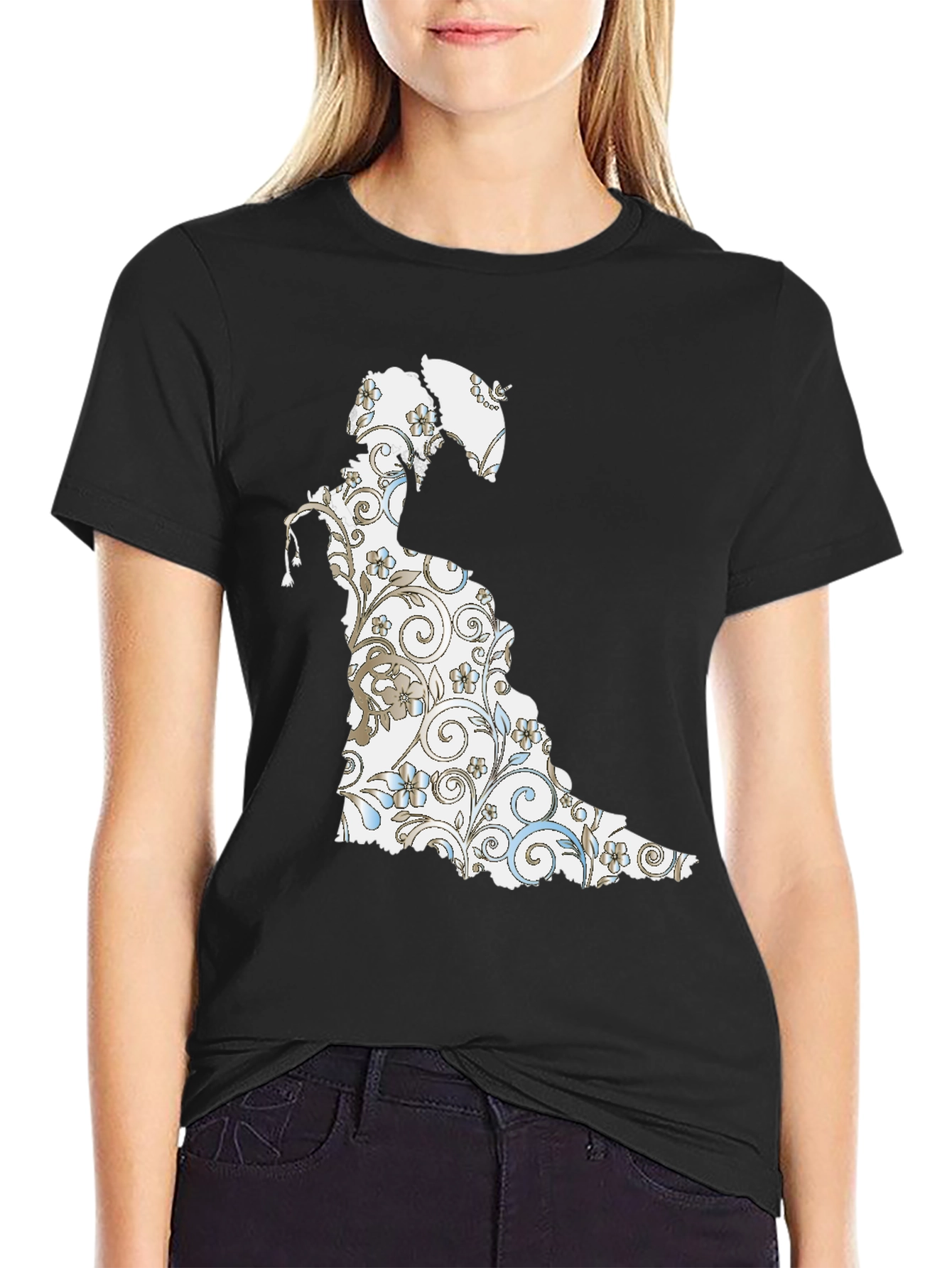 Black Floral Silhouette Graphic Tee - Black Cotton view 2