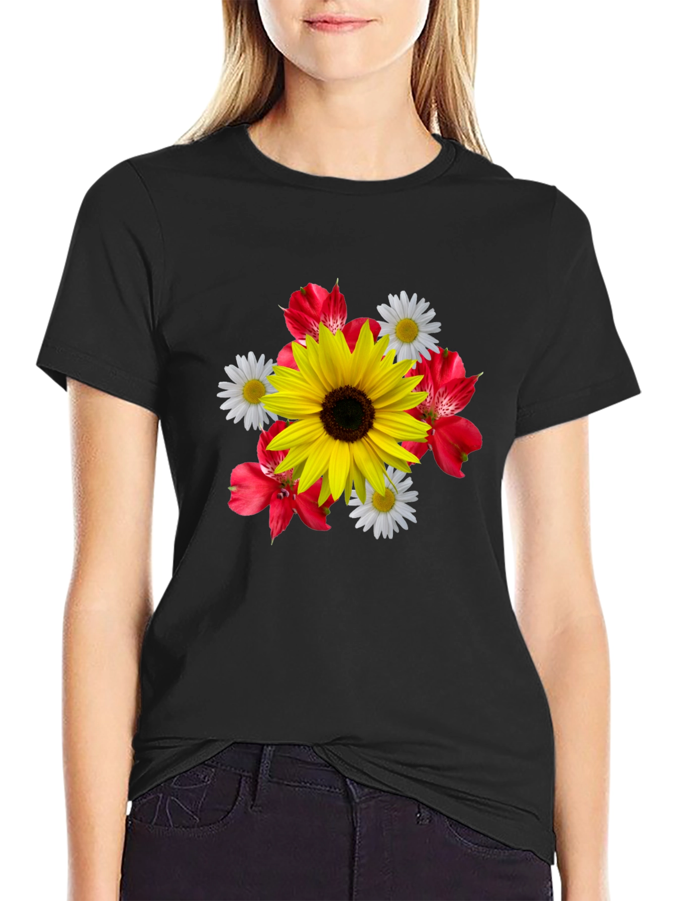 Black Floral Print Black T-Shirt view 2