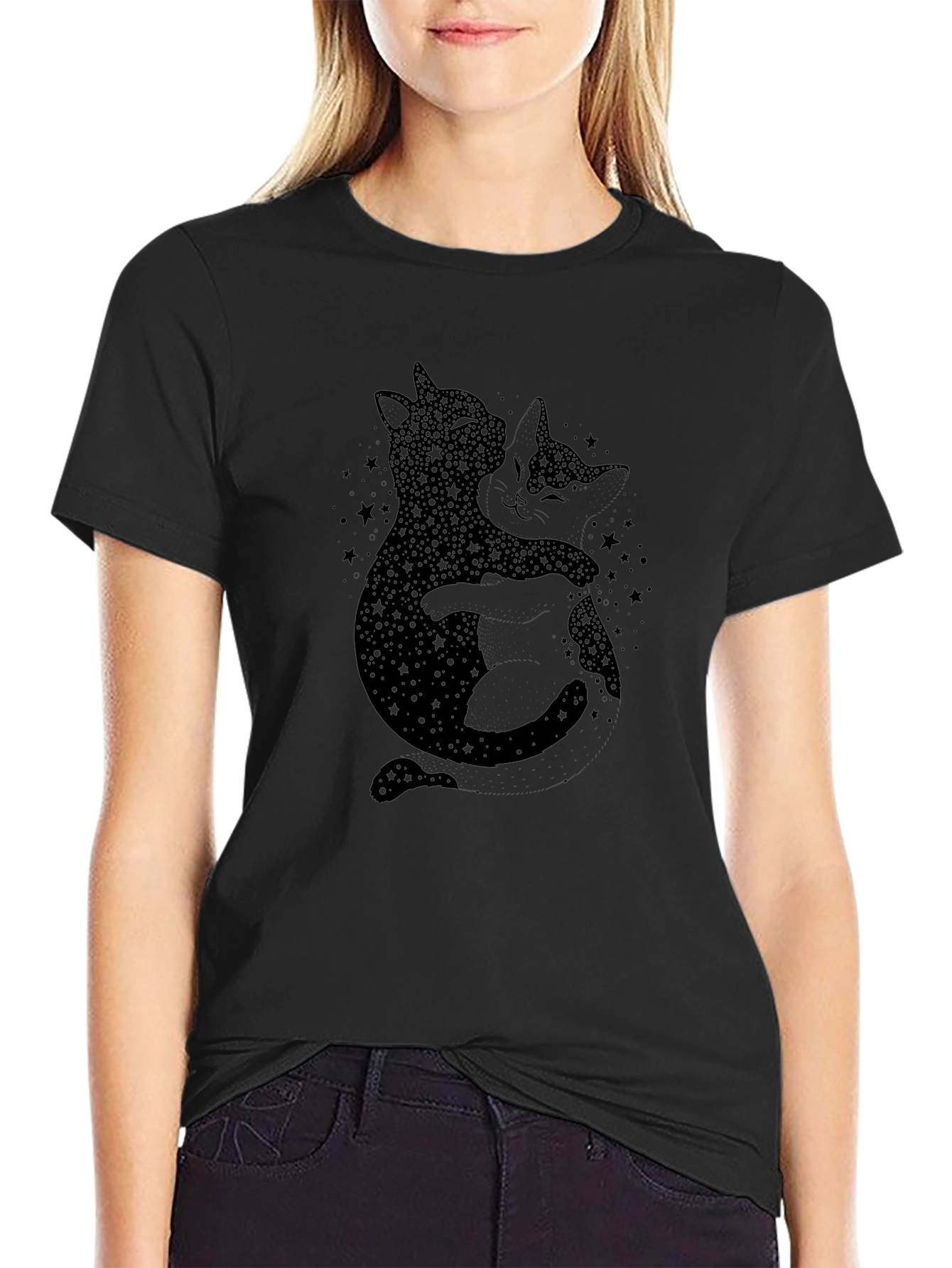 Black Celestial Cats Graphic T-Shirt - Black view 2