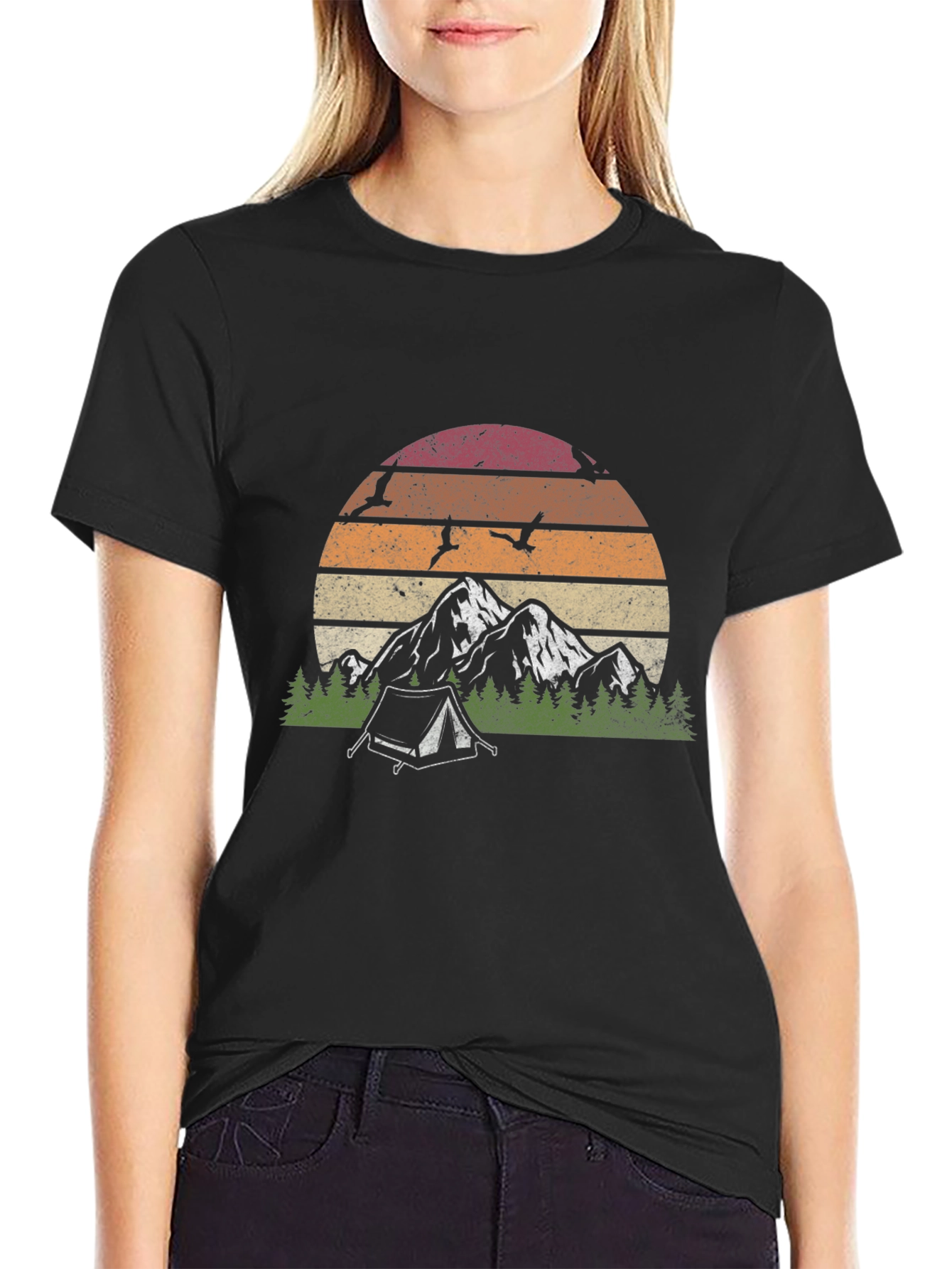 Black Retro Mountain Camping Graphic T-Shirt view 2
