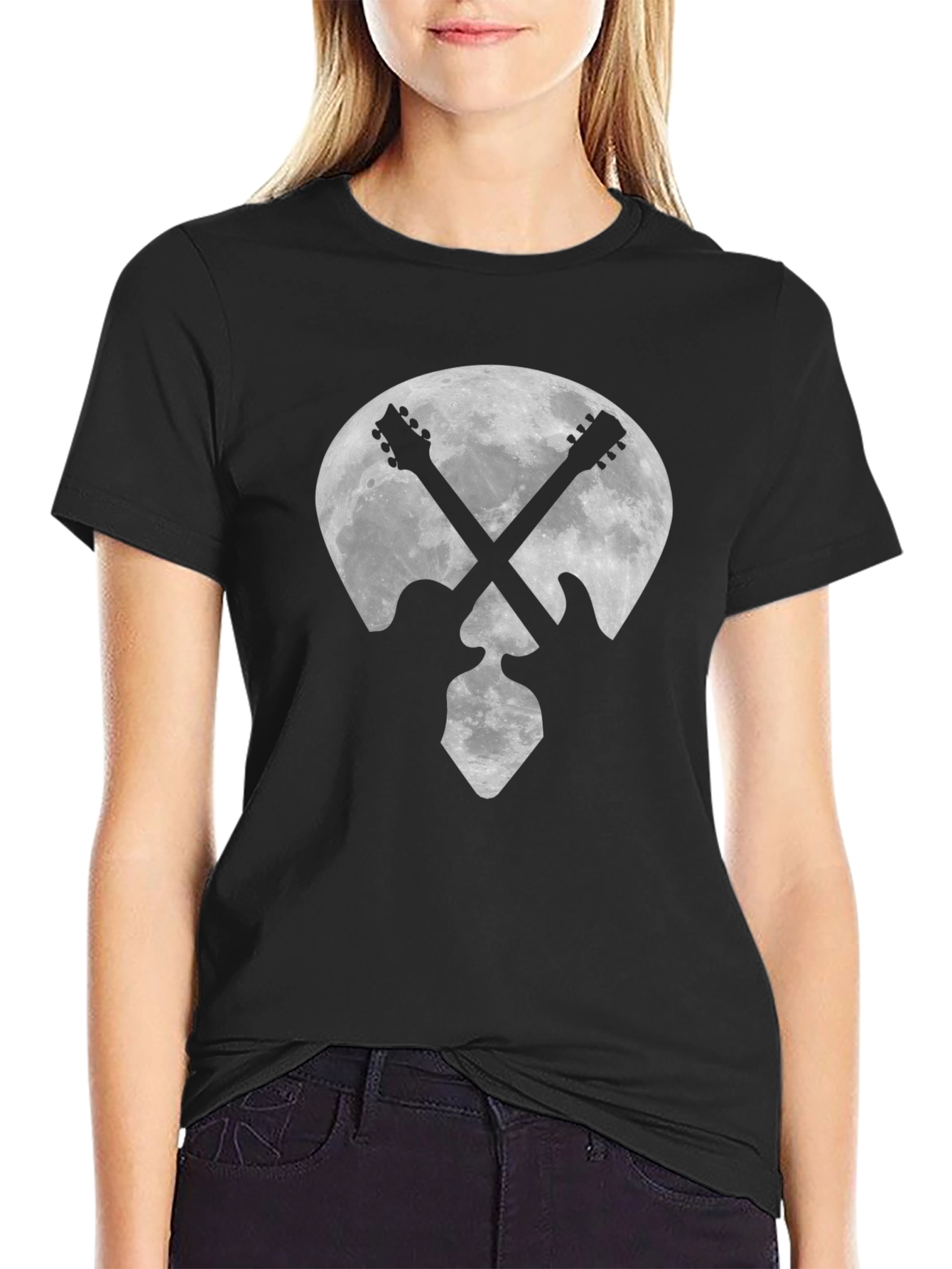 Black Guitar Moon Graphic Tee - Rock Style view 2