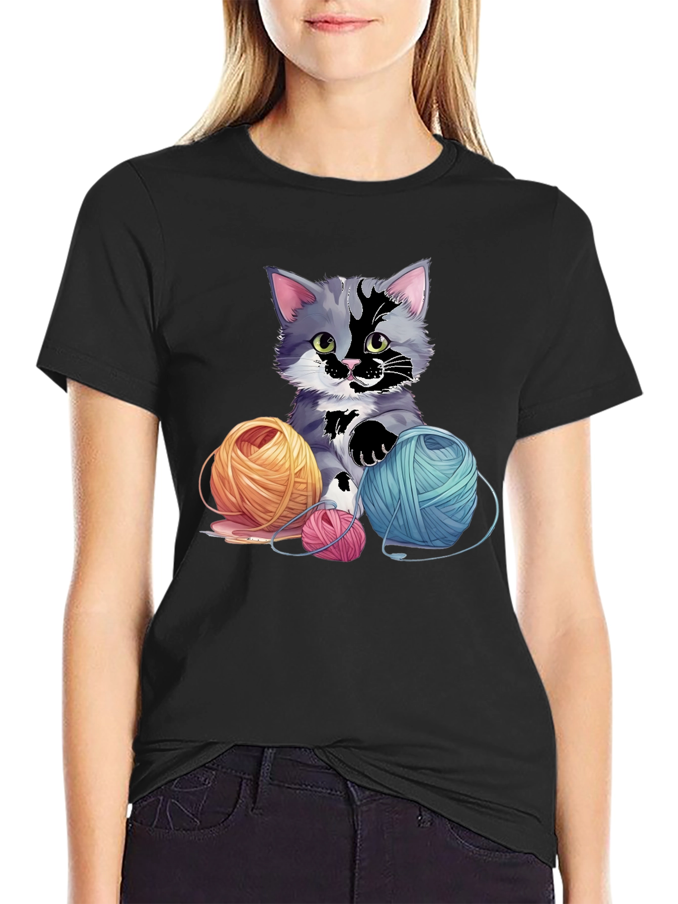 Black Cute Kitten with Yarn Balls Graphic Tee view 2