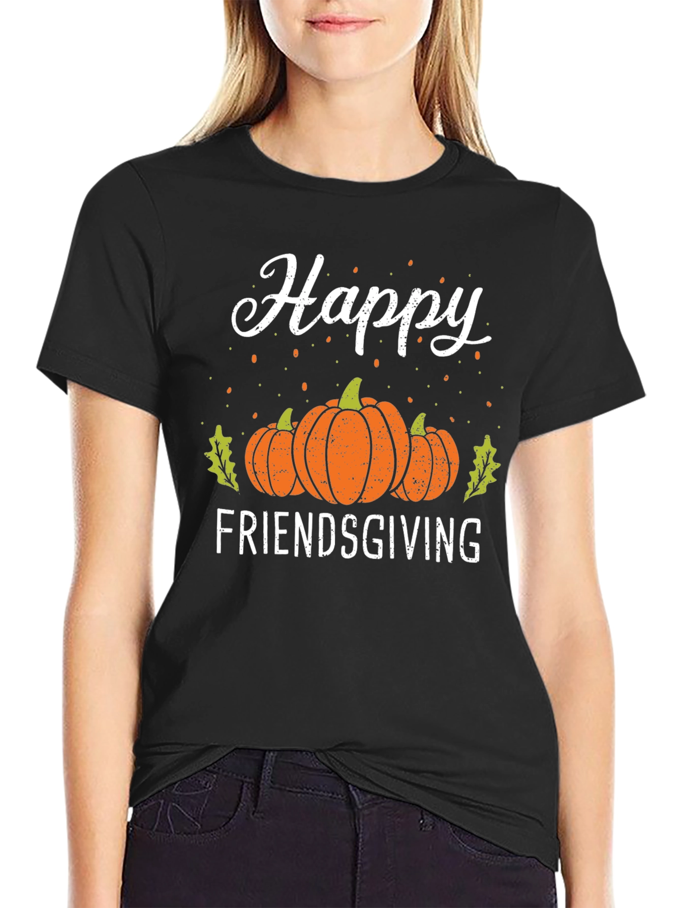 Black Happy Friendsgiving T-Shirt | Fall Harvest Pumpkin Tee view 2