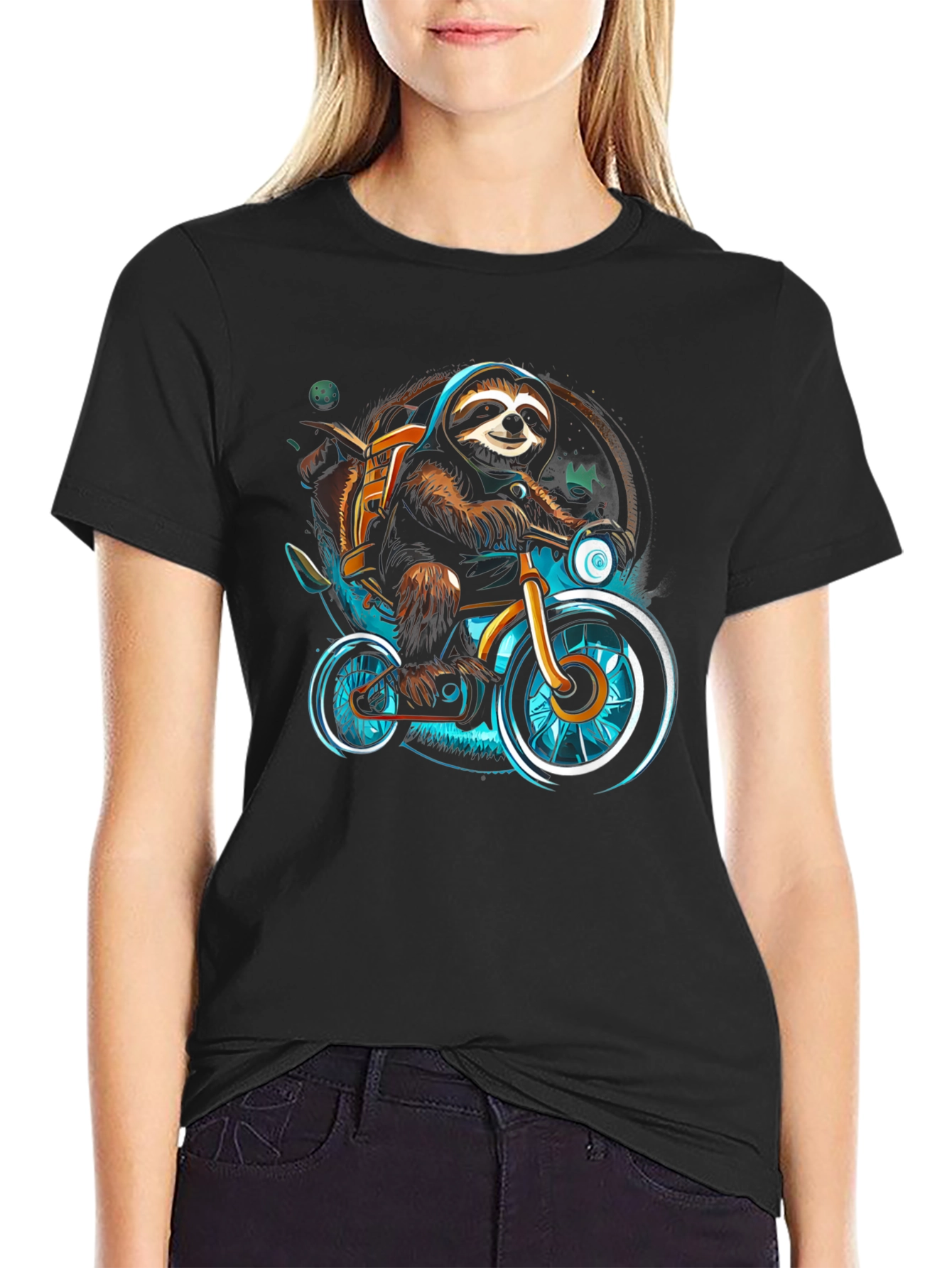 Black Sloth on Bike Graphic Tee - Cool Casual Shirt view 2
