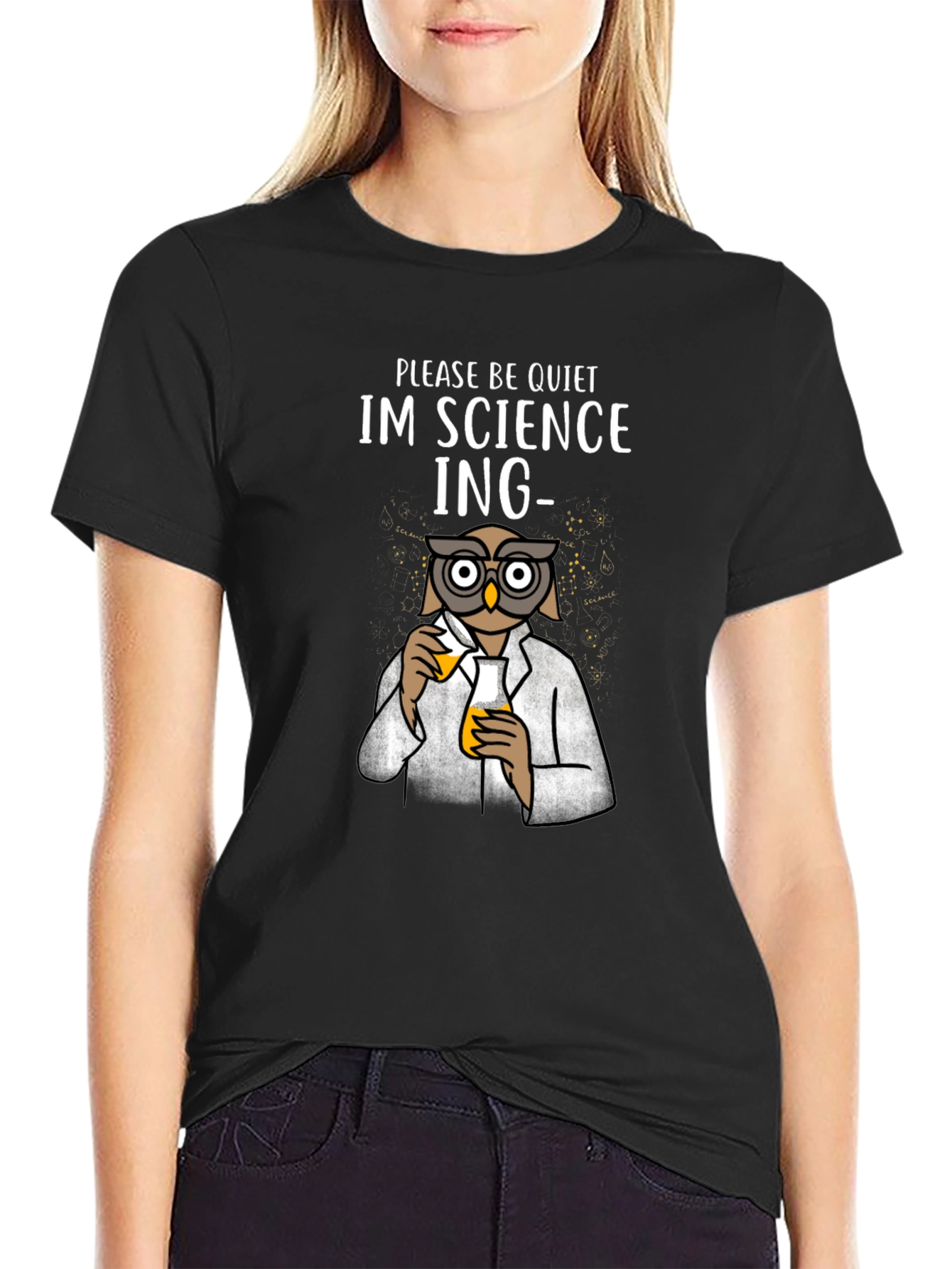 Black Science Owl T-Shirt - Please Be Quiet, I'm Sciencing view 2