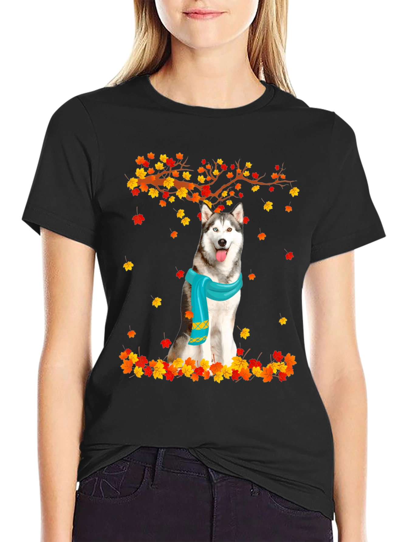 Black Husky Autumn Leaves Graphic T-Shirt view 2