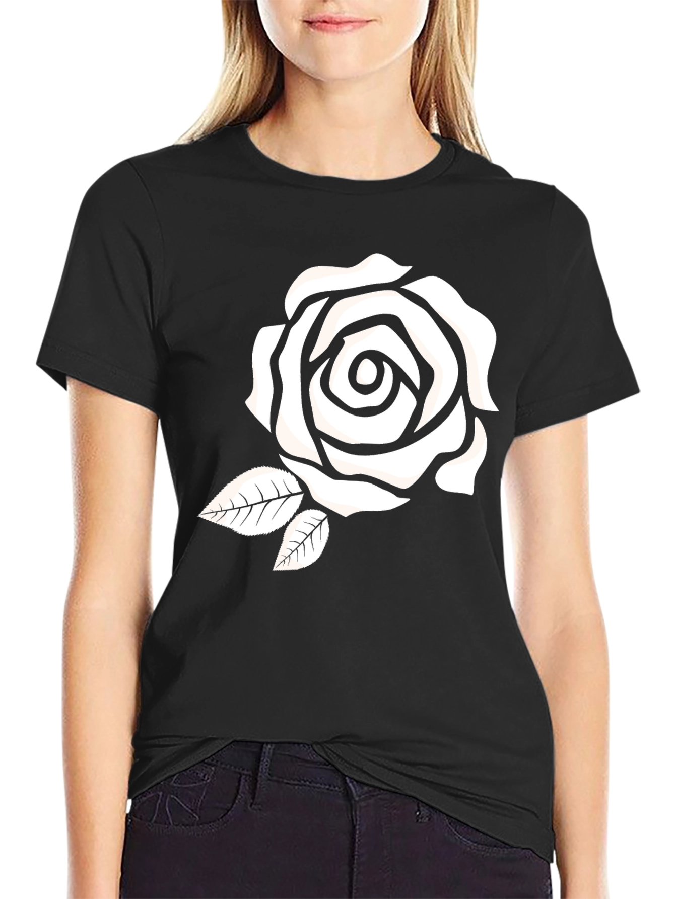 Black Black T-Shirt with White Rose Graphic view 2
