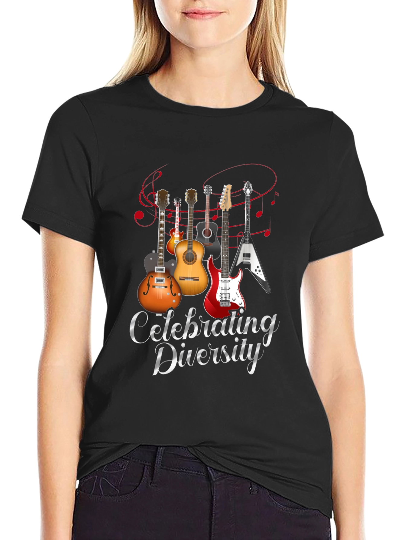 Black Celebrating Diversity Guitar Graphic T-Shirt view 2