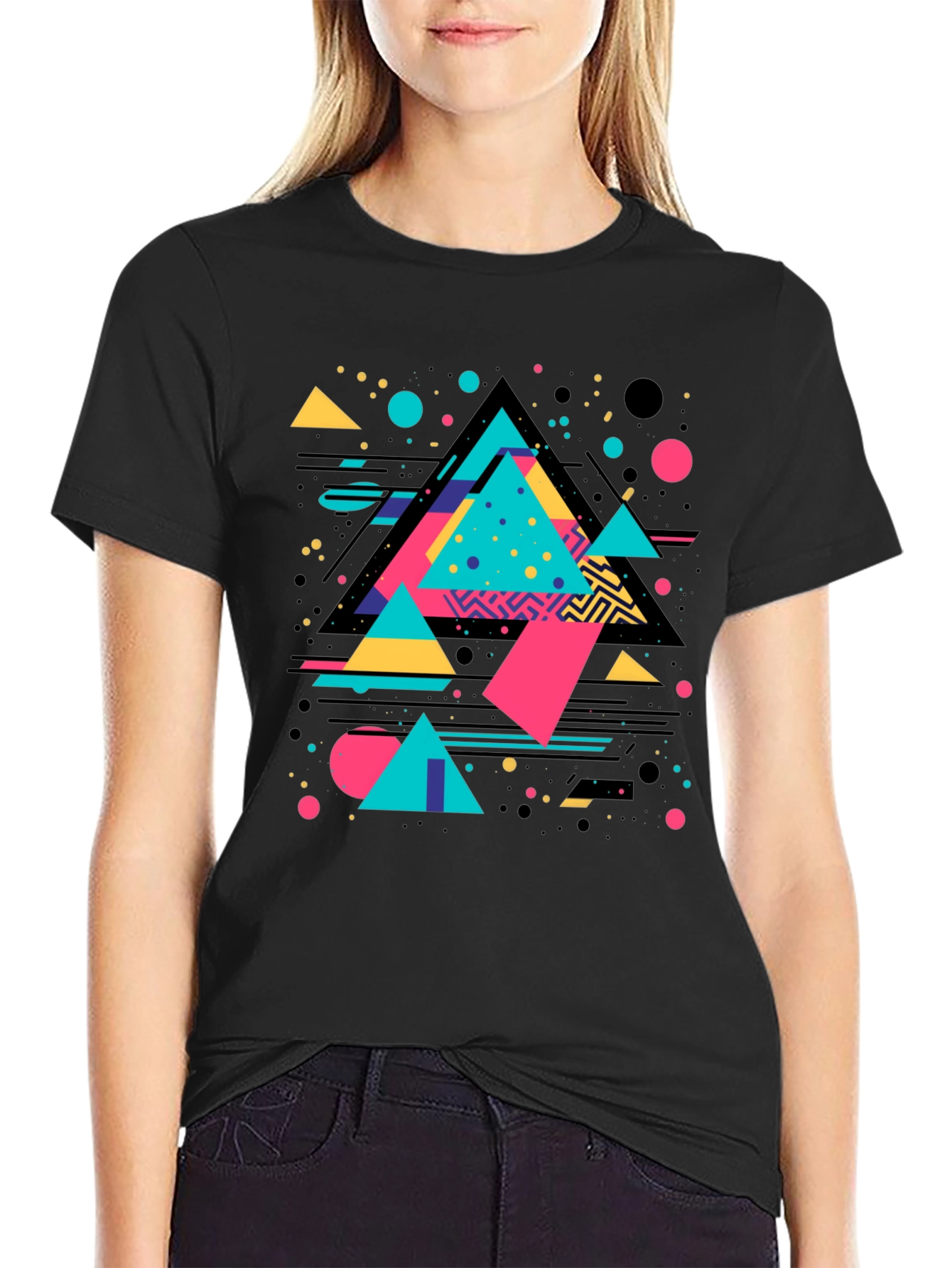Black Retro Geometric Triangle Graphic Black T-Shirt view 2