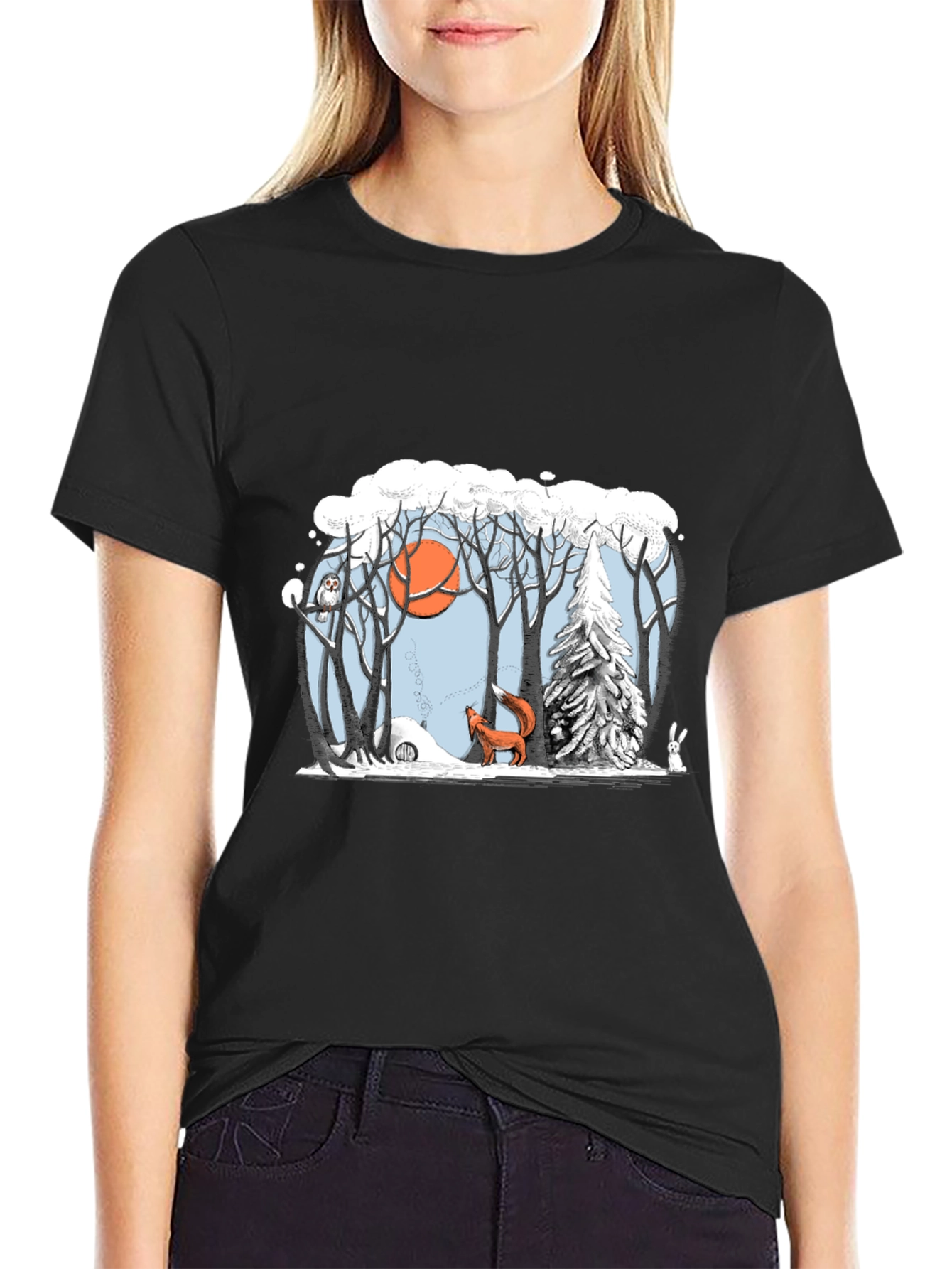 Black Winter Forest Scene Graphic Tee view 2