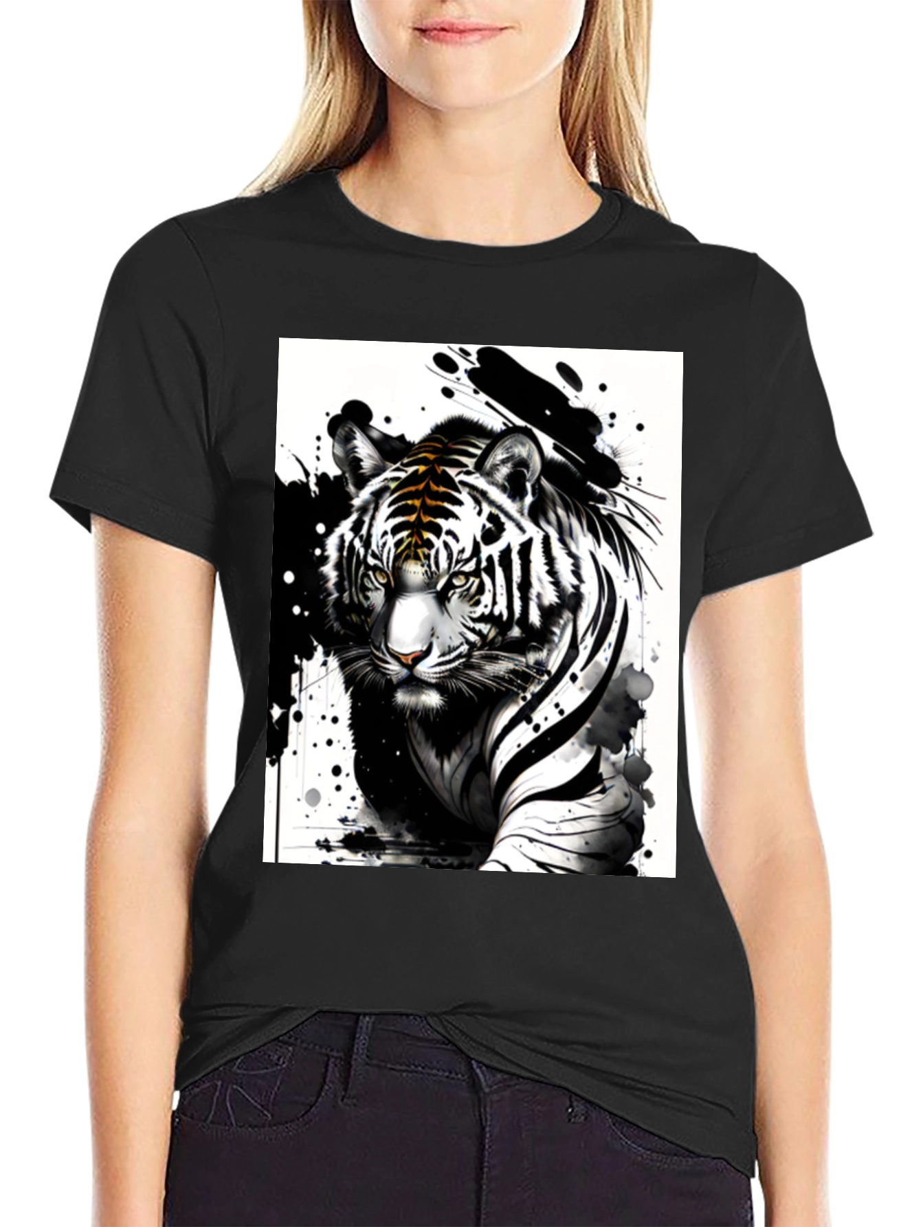Black Tiger Ink Art Graphic Tee - Black Cotton Blend T-Shirt view 2