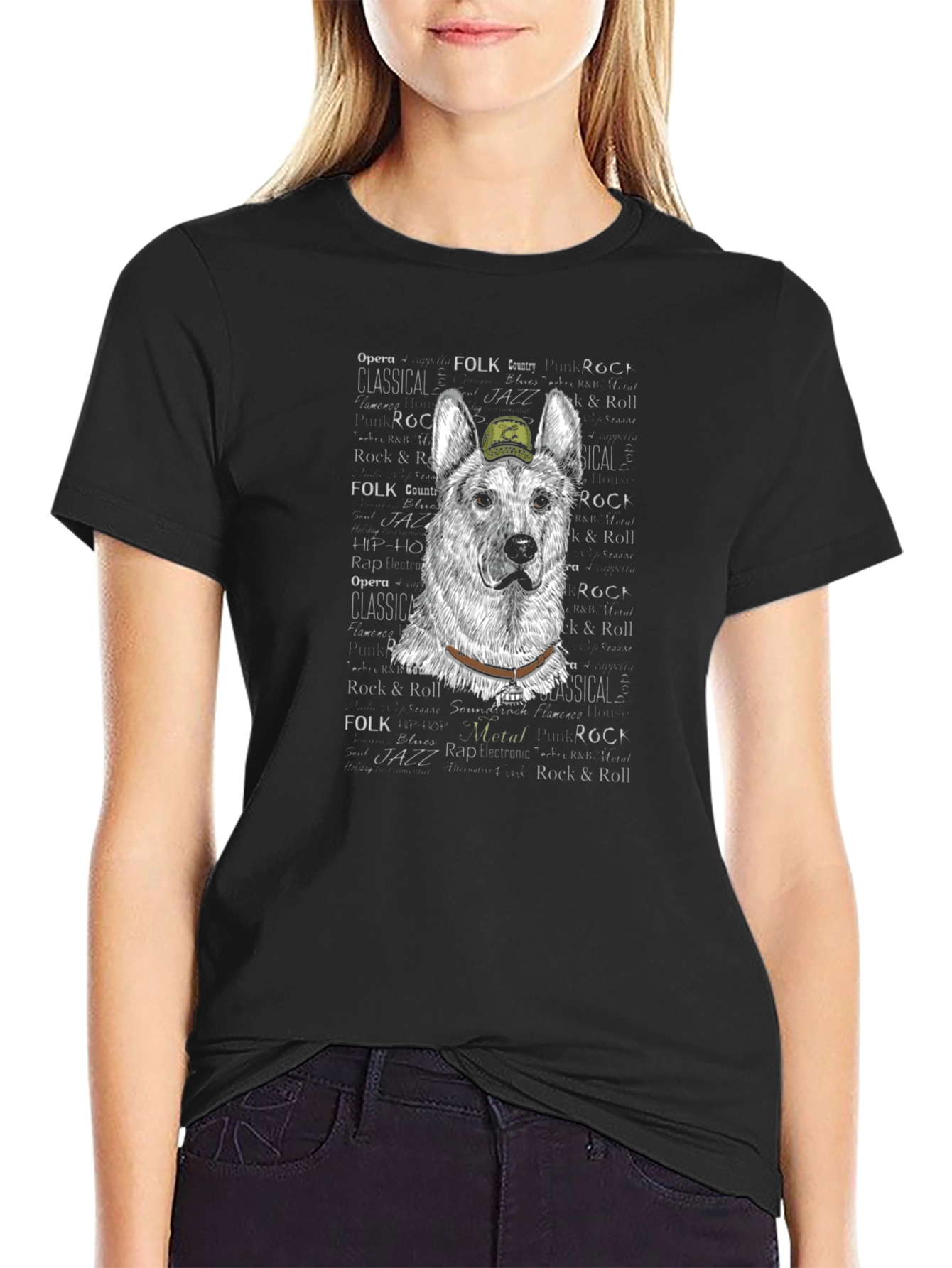 Black Cool Dog T-Shirt: German Shepherd with Hat view 2