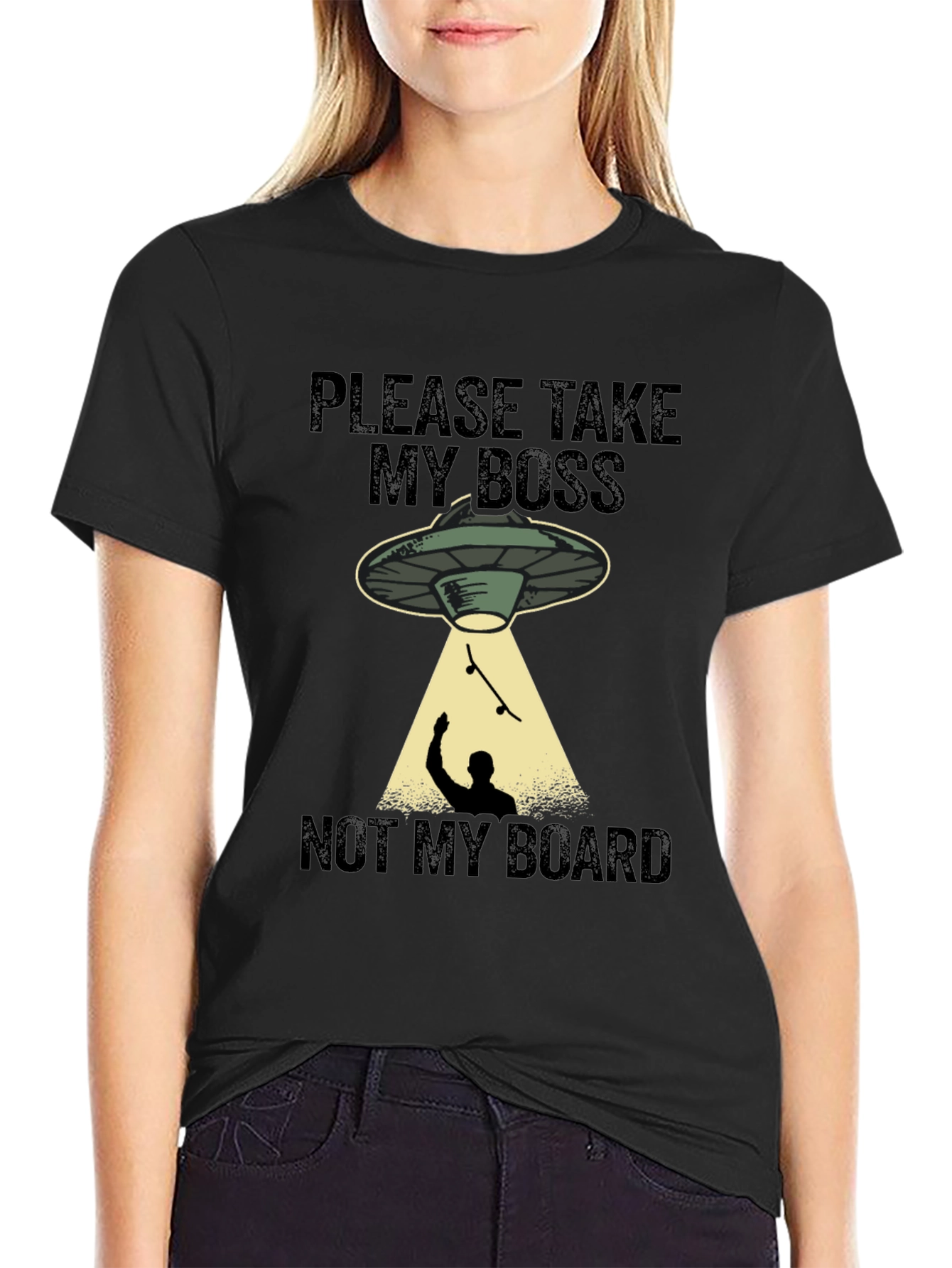 Black Funny Alien Abduction Skateboarder Graphic T-Shirt view 2
