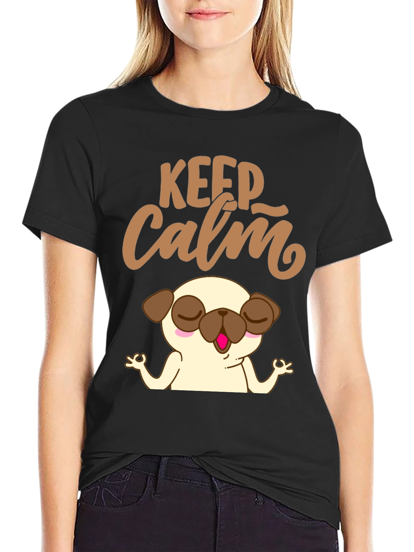 Black Keep Calm Pug Yoga T-Shirt - Relax & Meditate! view 2