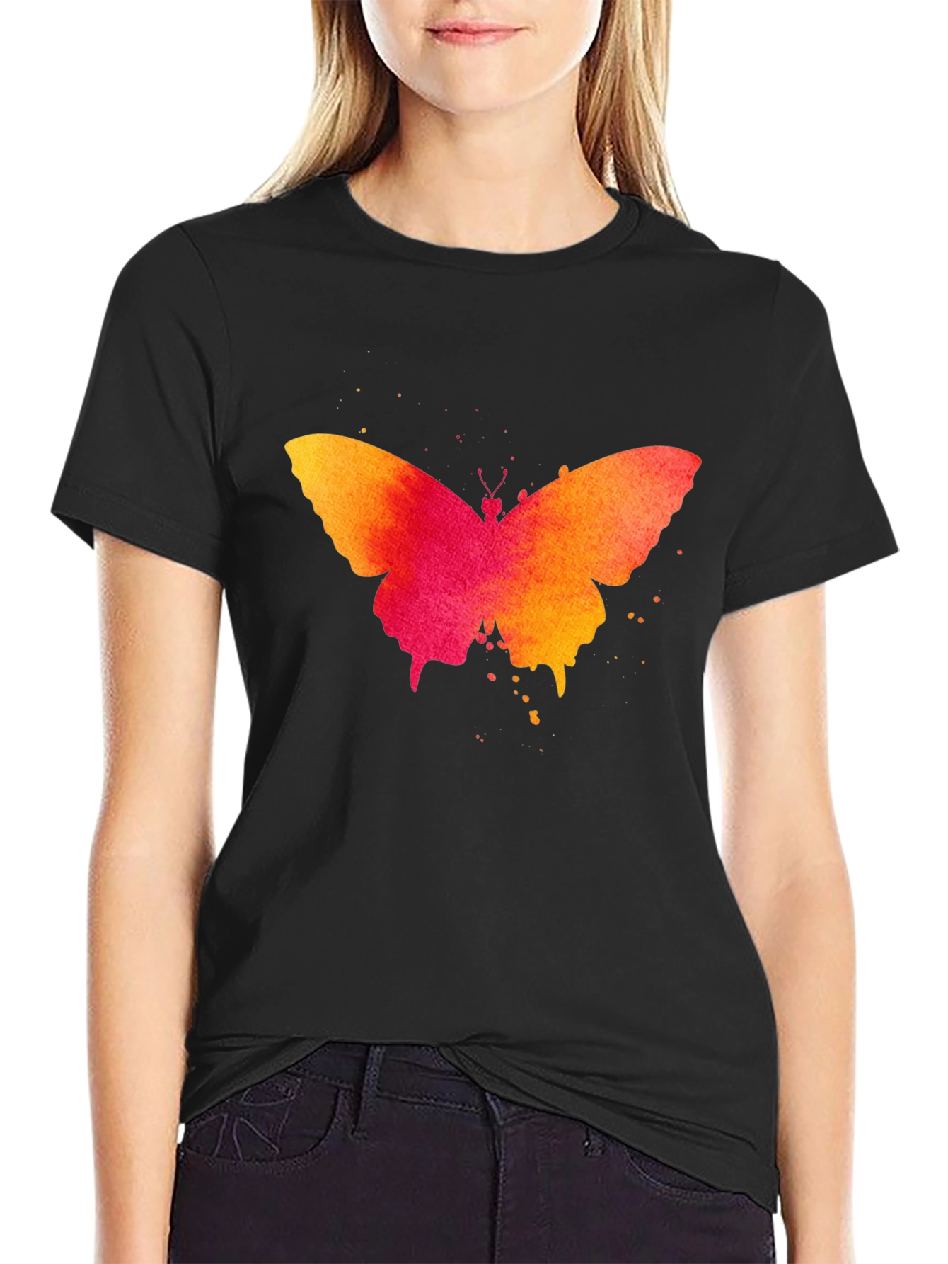 Black Butterfly Watercolor Print Black T-Shirt view 2