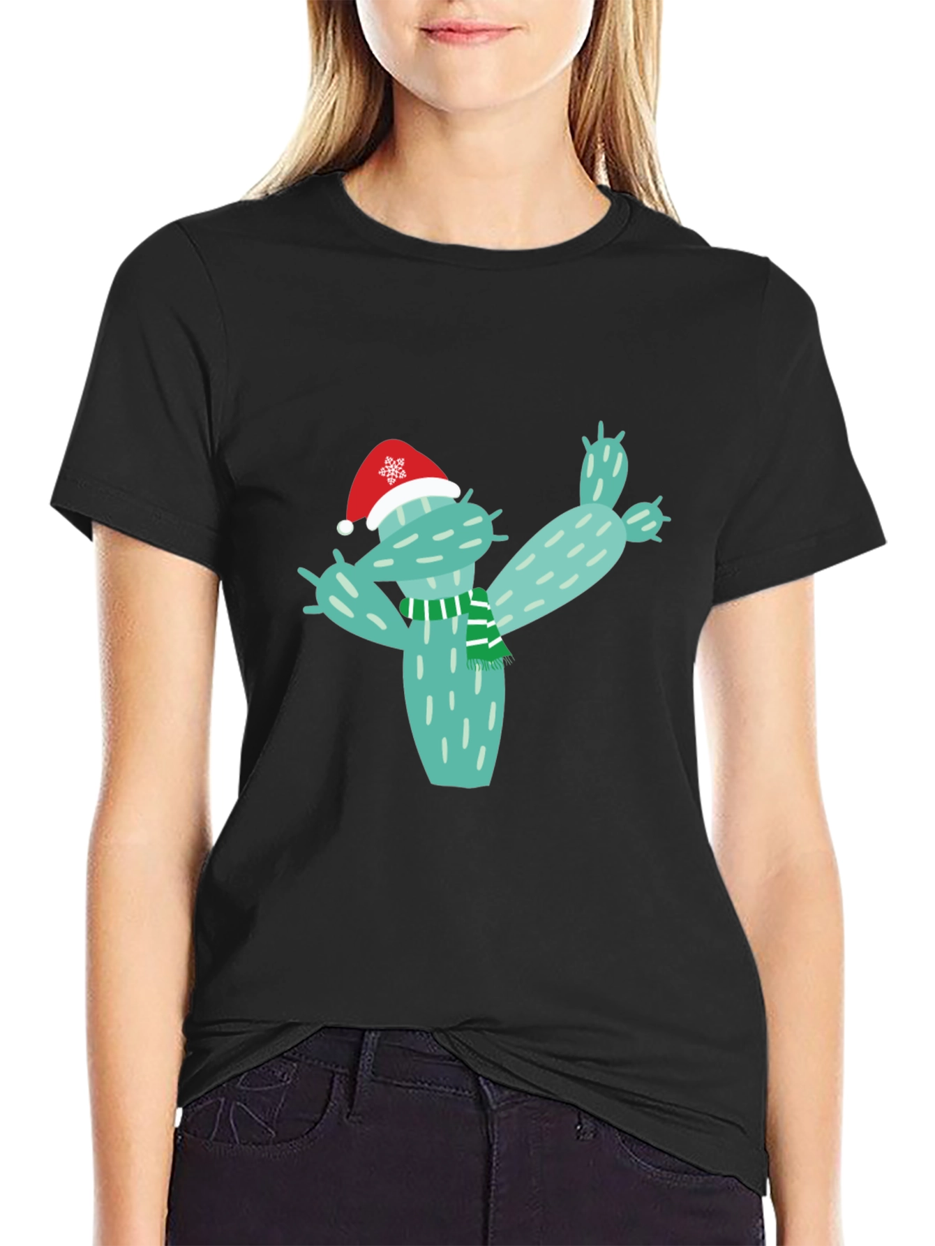 Black Festive Cactus T-Shirt - Holiday Cheer view 2