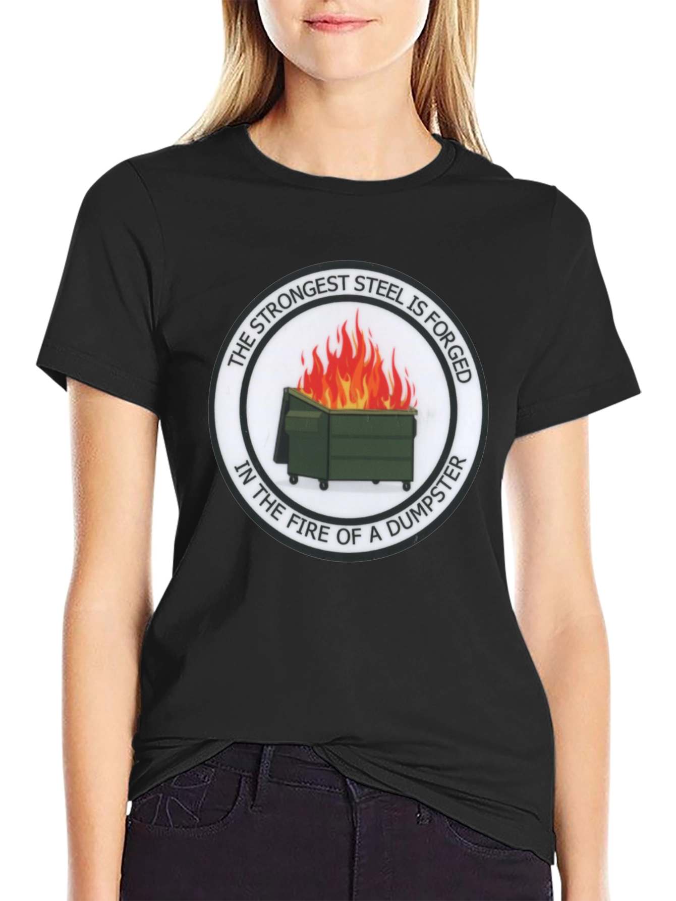 Black Strongest Steel Forged Tee - Dumpster Fire Design view 2