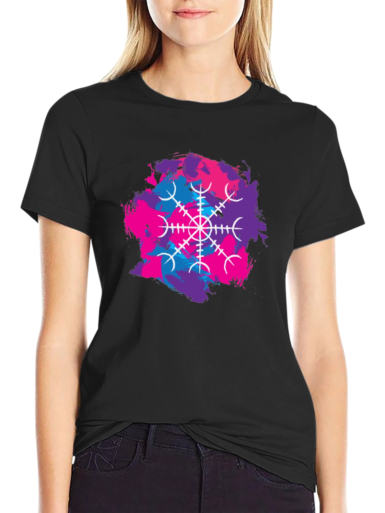Black Black T-Shirt with Abstract Vegvisir Design view 2