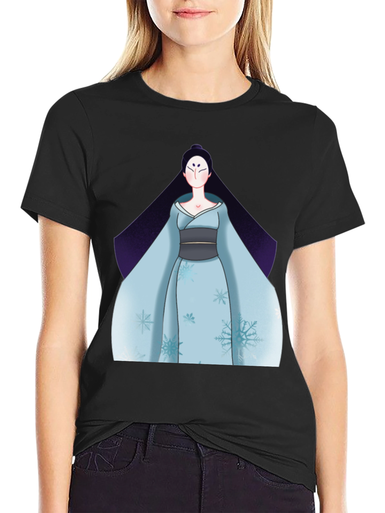 Black Black T-Shirt with Anime Winter Kimono Design view 2