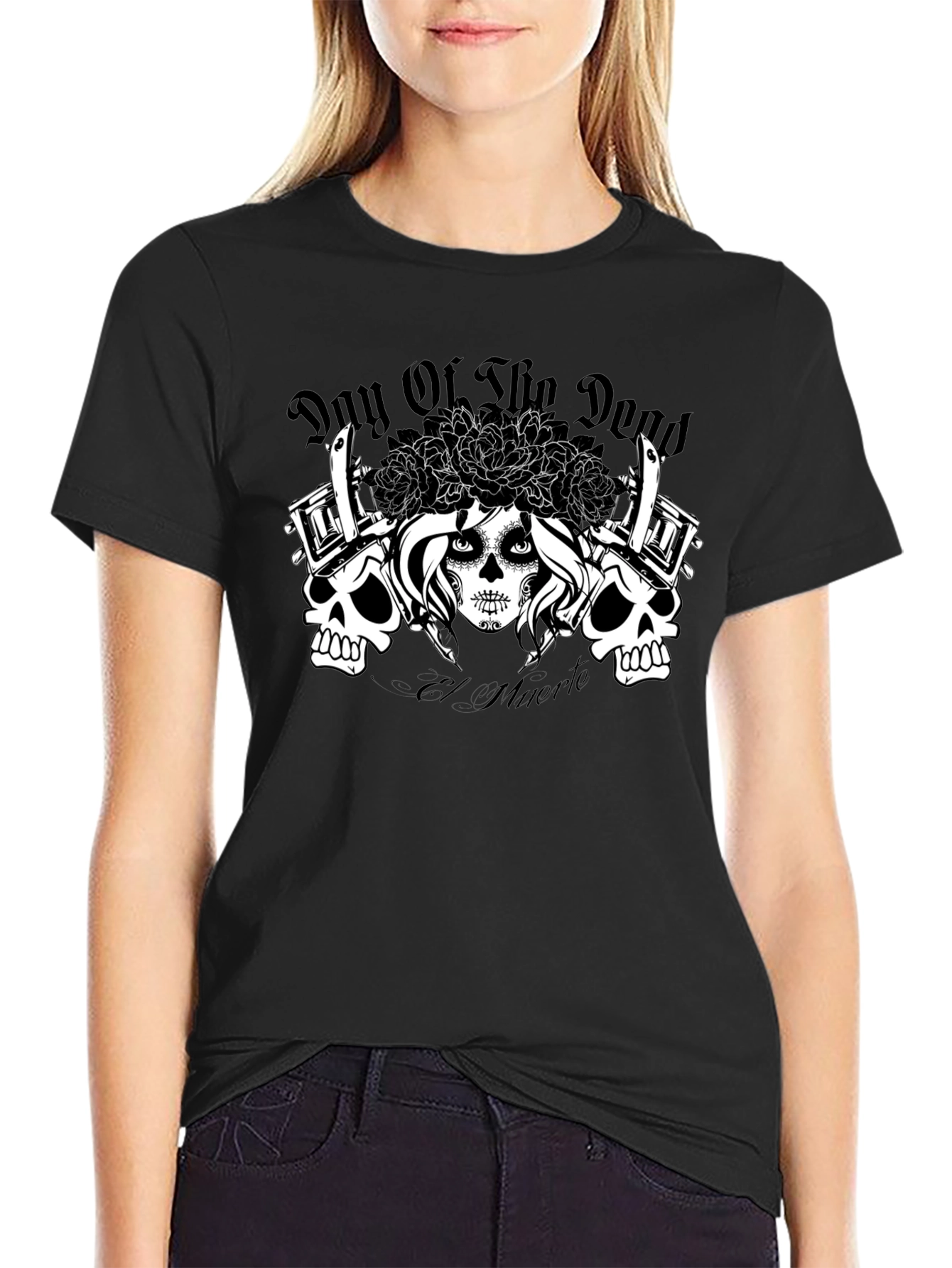 Black Day of the Dead Tattoo Art T-Shirt view 2