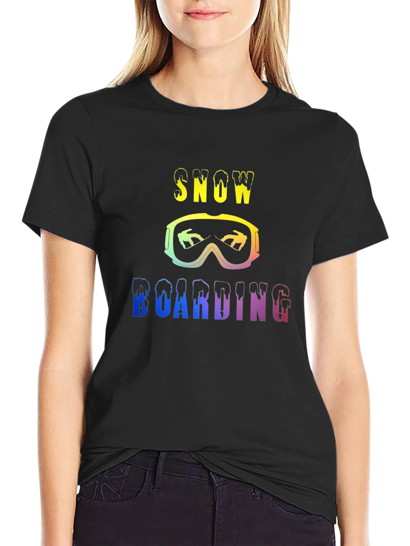 Black Snow Boarding Rainbow Graphic Black T-Shirt view 2